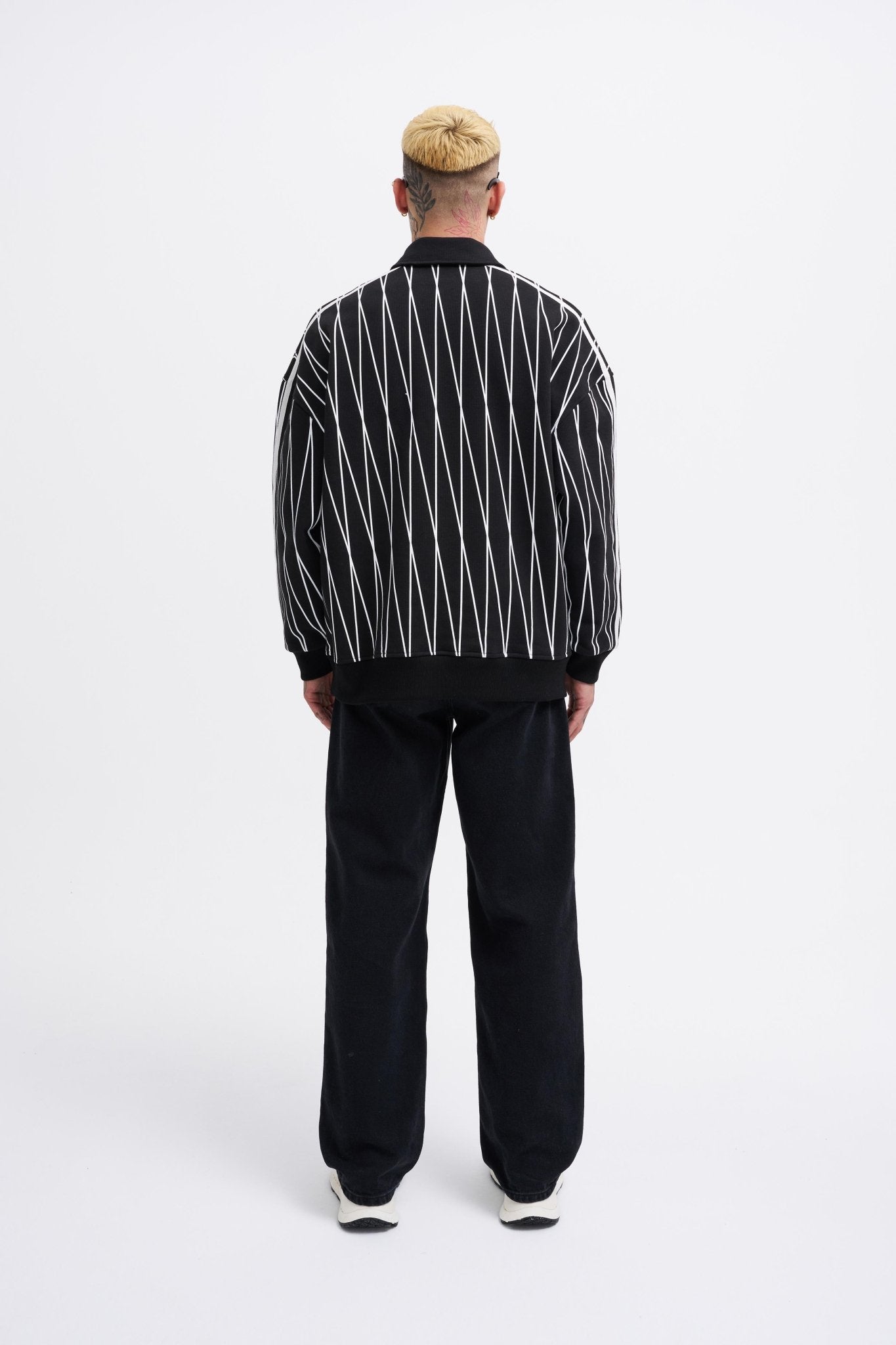 Erkek Printed And Zip Polo Sweatshirt Siyah