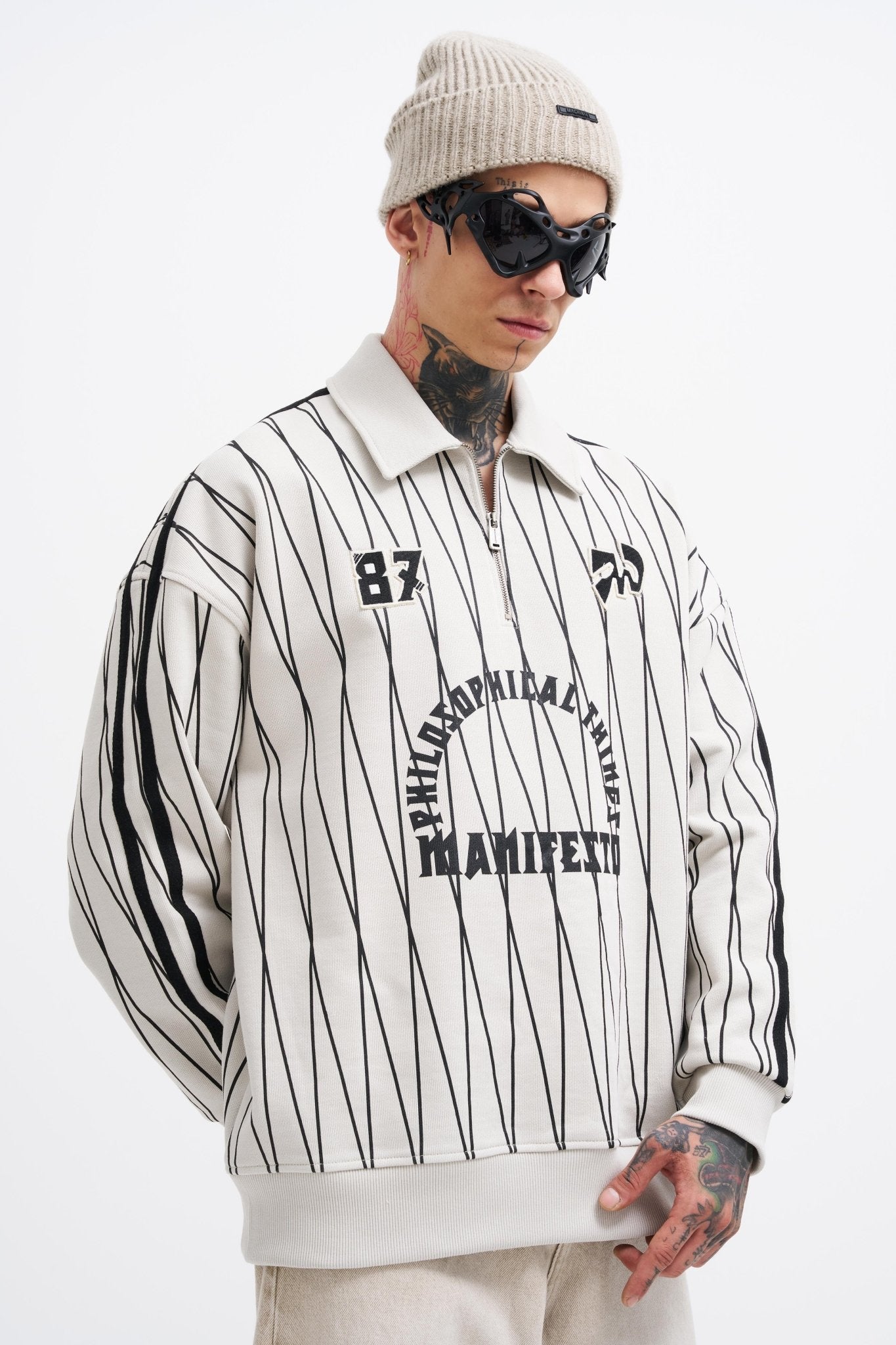 Erkek Printed And Zip Polo Sweatshirt Uzay Grisi