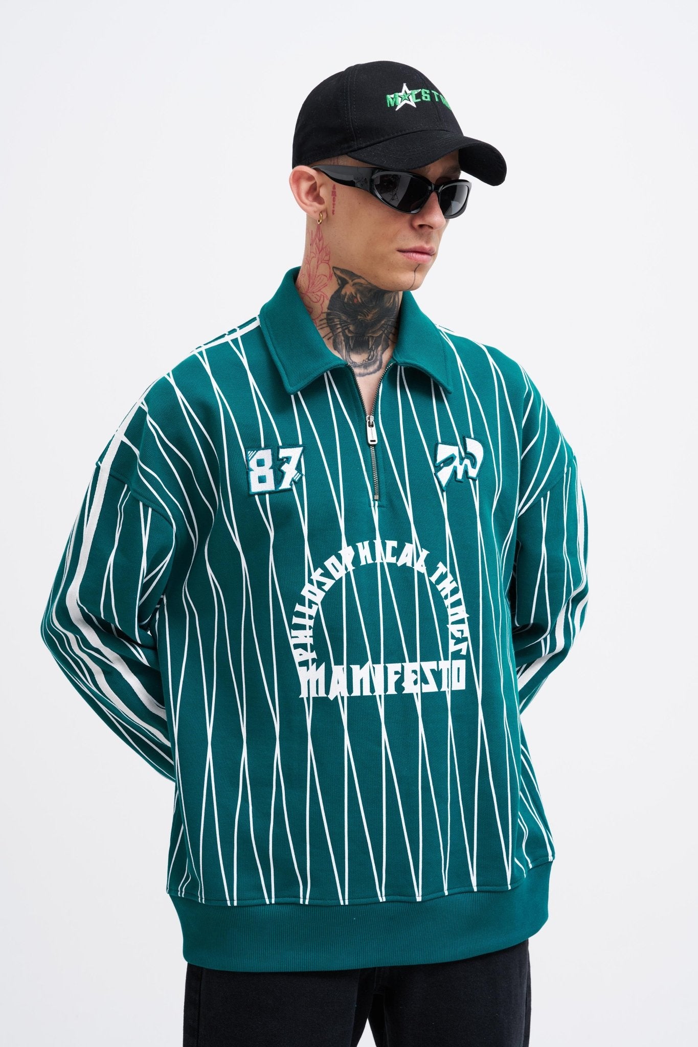 Erkek Printed And Zip Polo Sweatshirt Yağ Yeşili