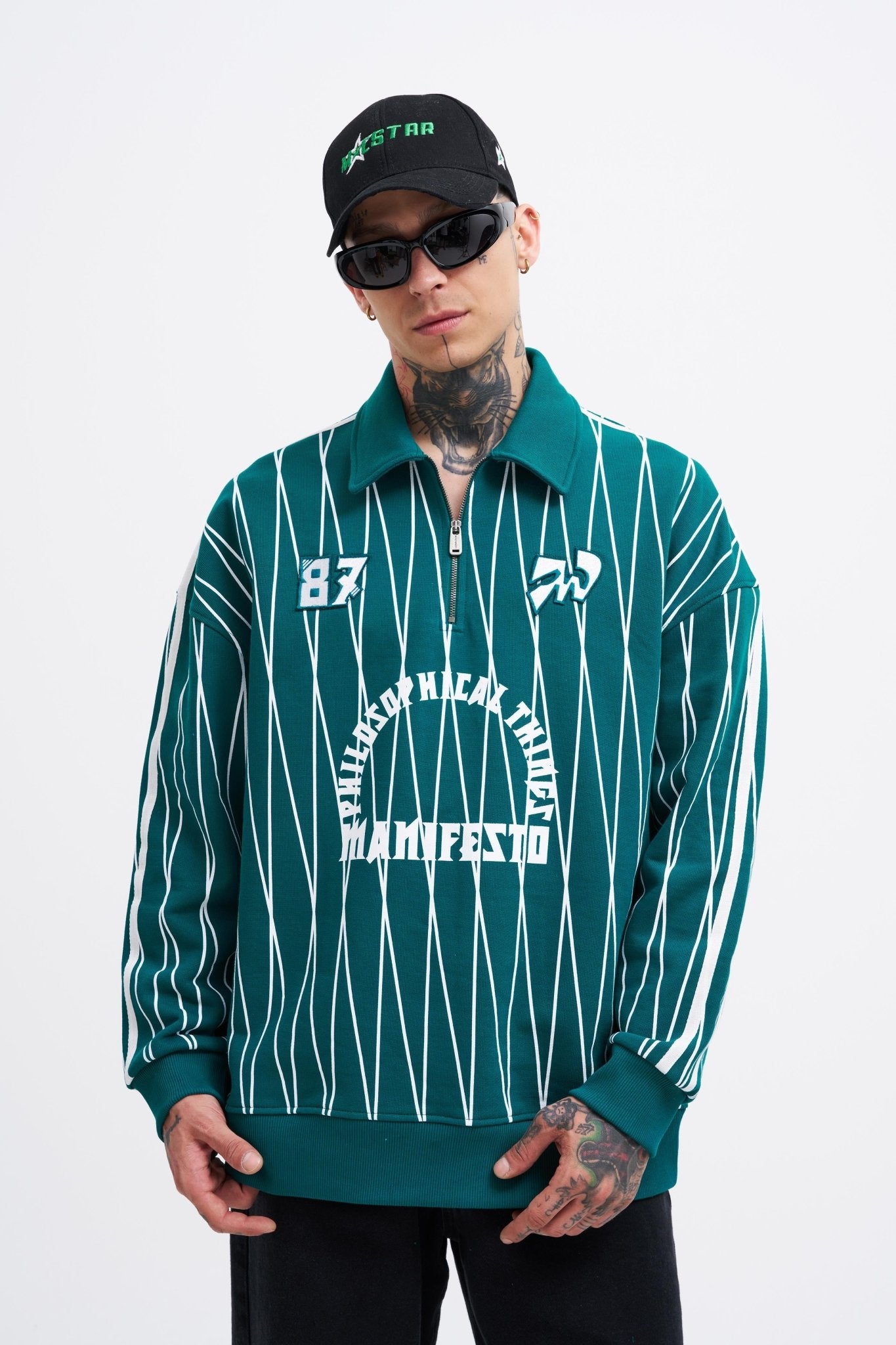 Erkek Printed And Zip Polo Sweatshirt Yağ Yeşili