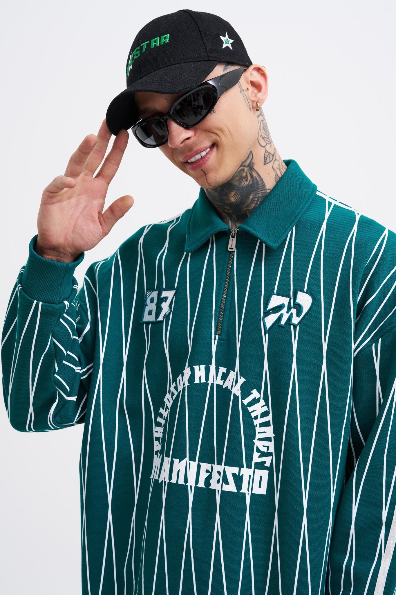 Erkek Printed And Zip Polo Sweatshirt Yağ Yeşili