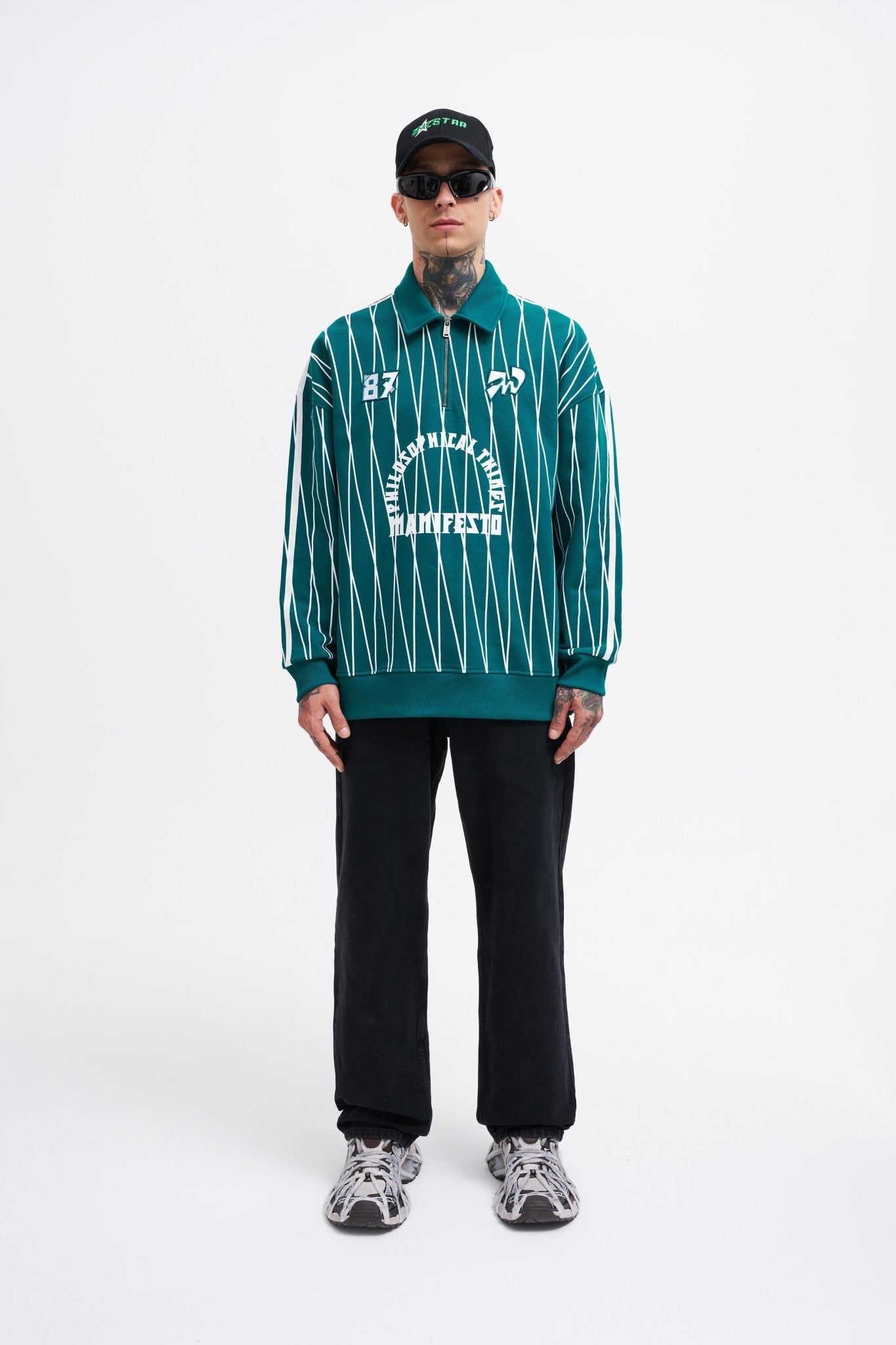 Erkek Printed And Zip Polo Sweatshirt Yağ Yeşili