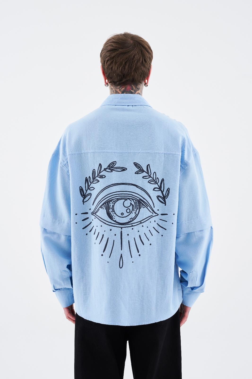 Erkek Printed Detachable Sleeve Gömlek Bebek Mavi
