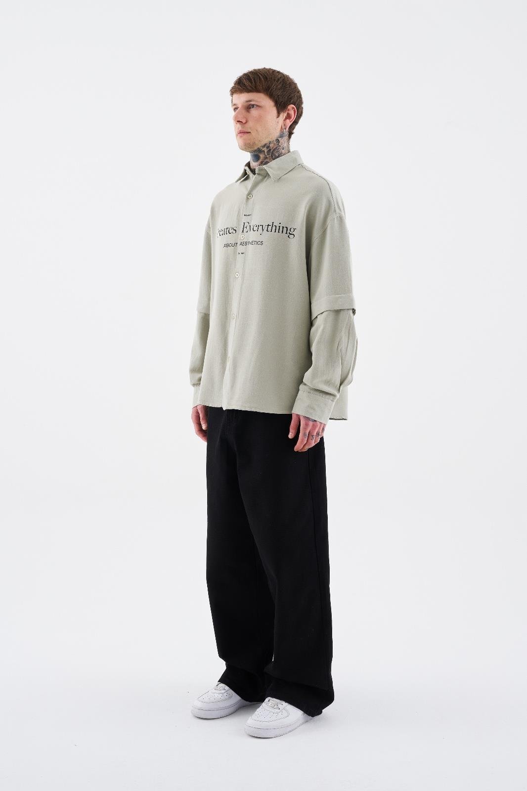 Erkek Printed Detachable Sleeve Gömlek Mint Yeşili - Yeşil