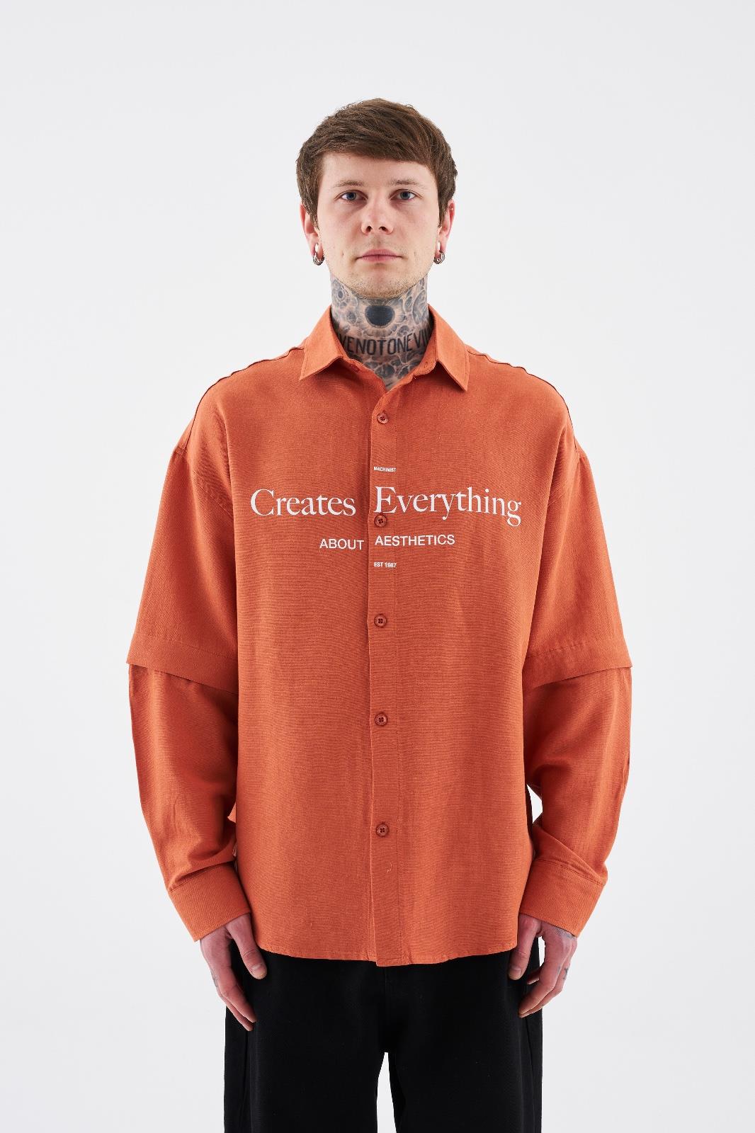 Erkek Printed Detachable Sleeve Gömlek Turuncu