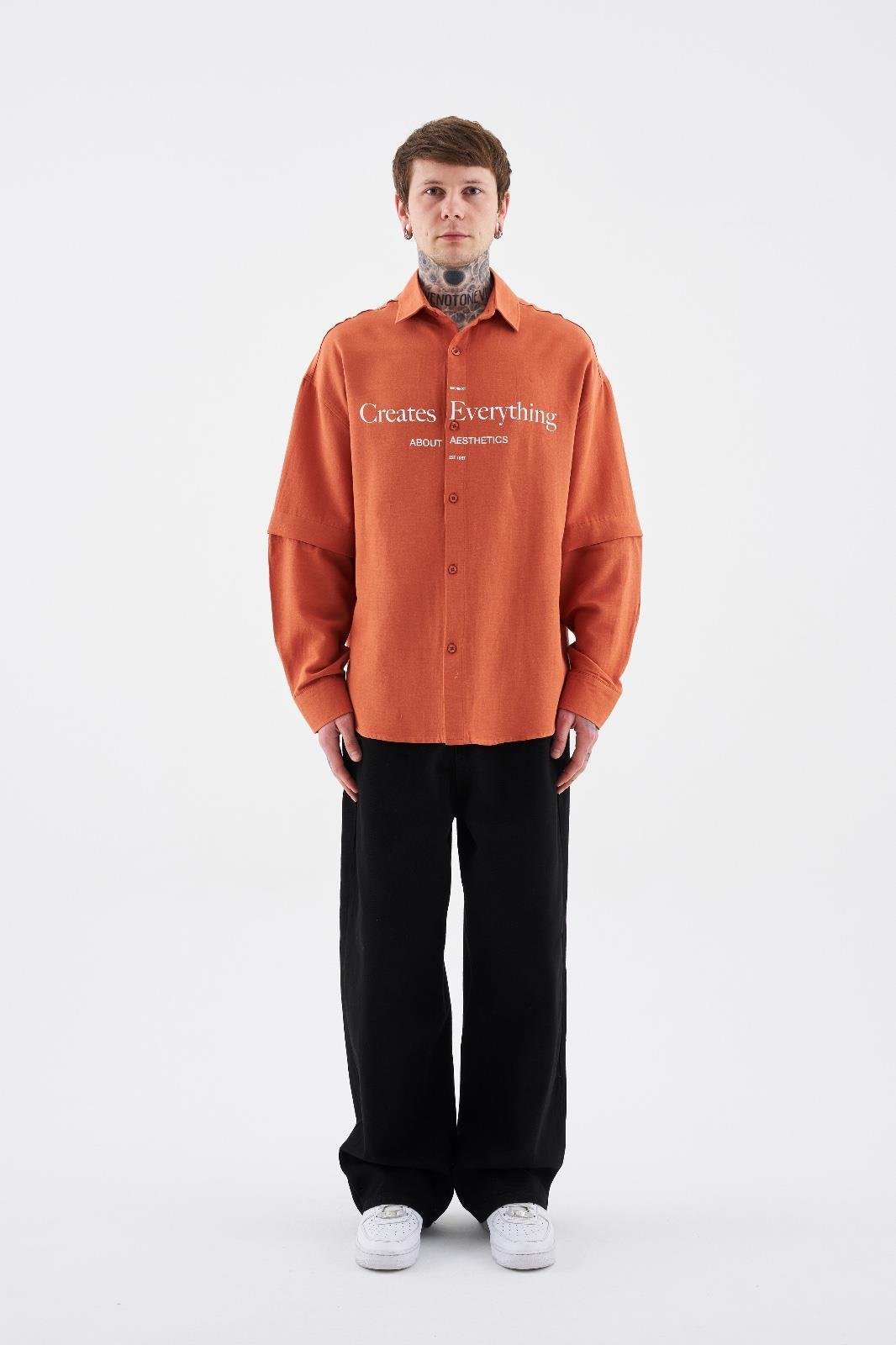 Erkek Printed Detachable Sleeve Gömlek Turuncu