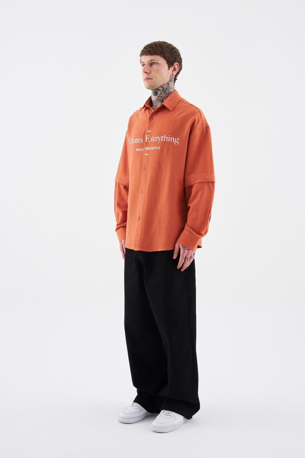 Erkek Printed Detachable Sleeve Gömlek Turuncu