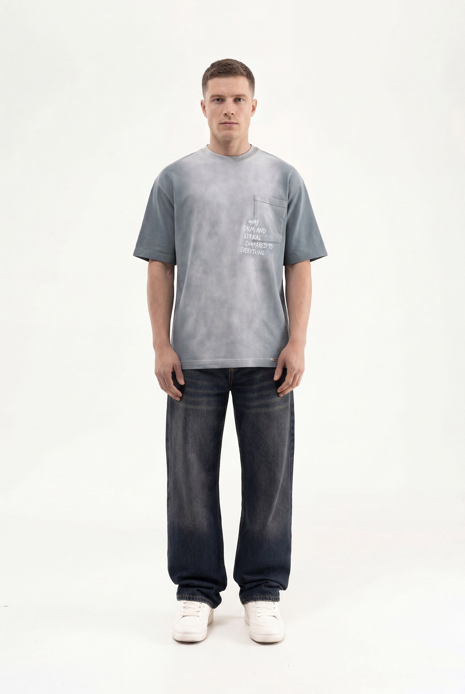 Erkek Printed Pocket Oversize Tişört Gri-4