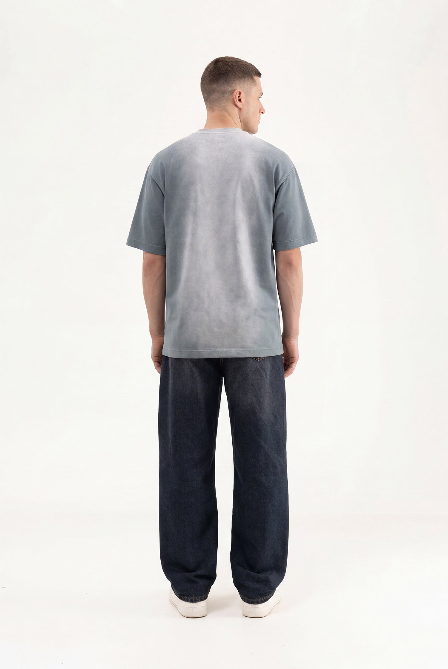 Erkek Printed Pocket Oversize Tişört Gri-5