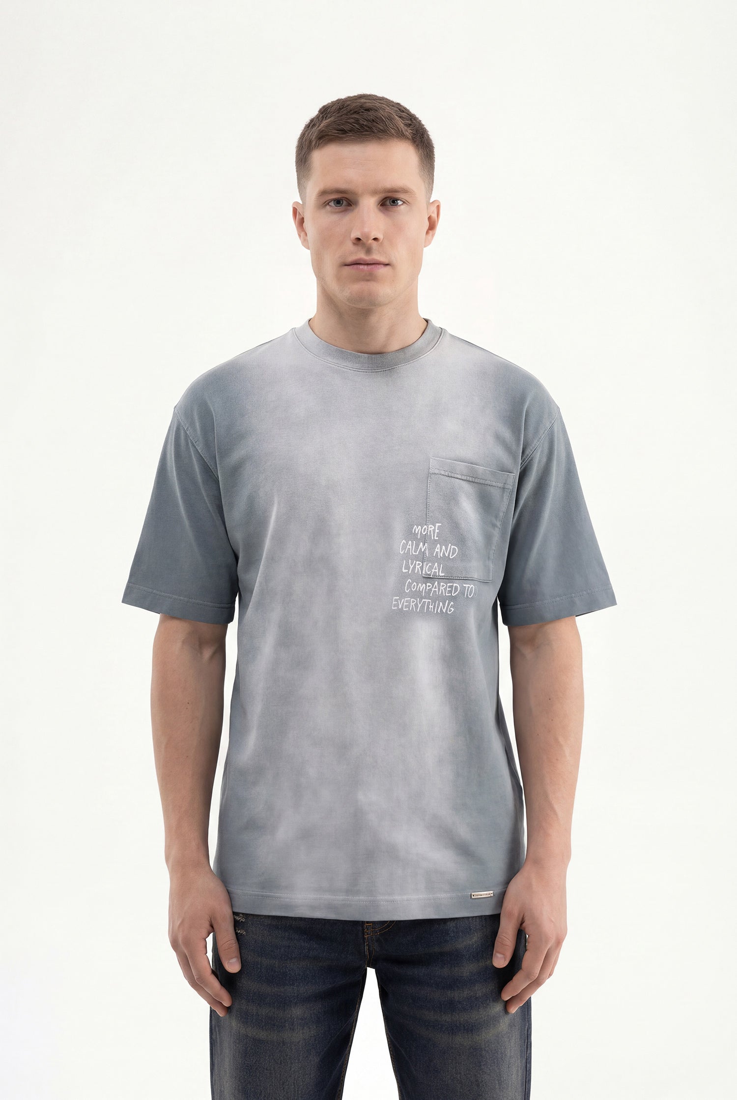 Erkek Printed Pocket Oversize Tişört Gri