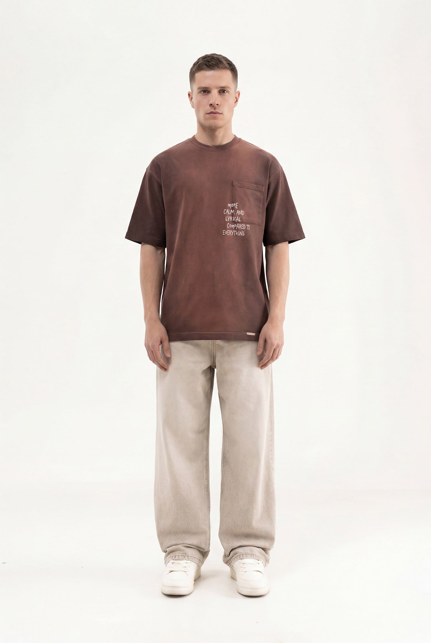 Erkek Printed Pocket Oversize Tişört Koyu Kahverengi-4