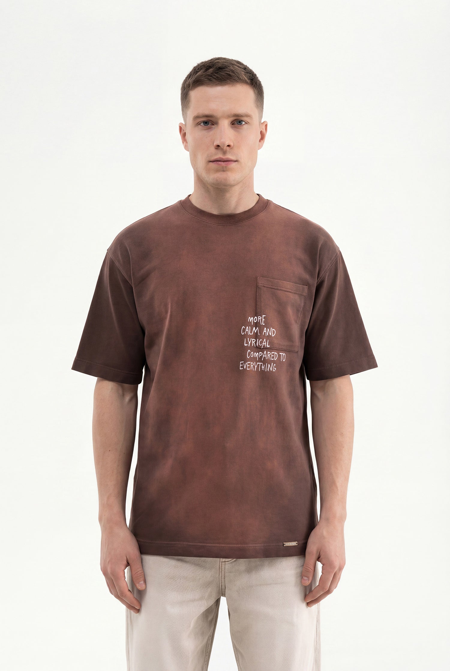 Erkek Printed Pocket Oversize Tişört Koyu Kahverengi