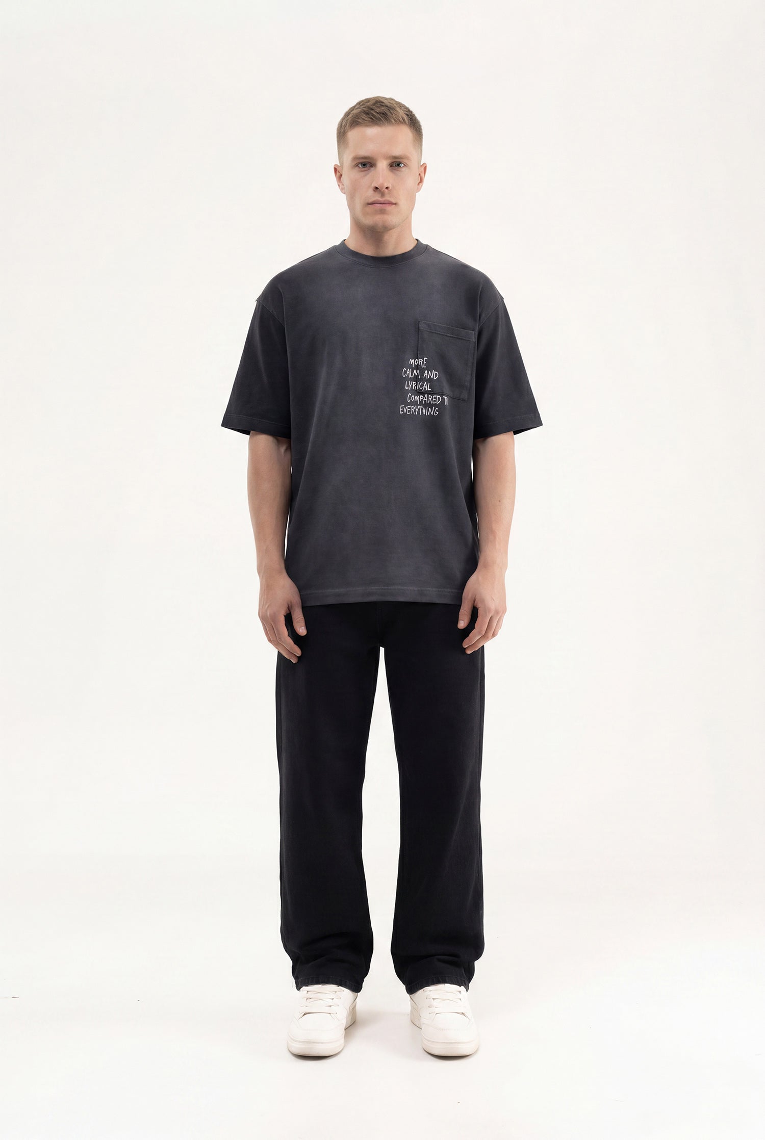 Erkek Printed Pocket Oversize Tişört Siyah-4