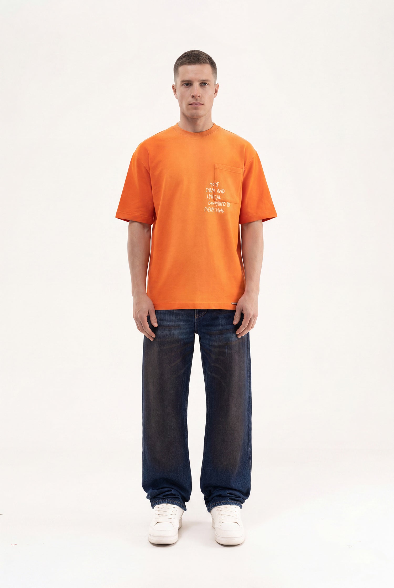 Erkek Printed Pocket Oversize Tişört Turuncu-4