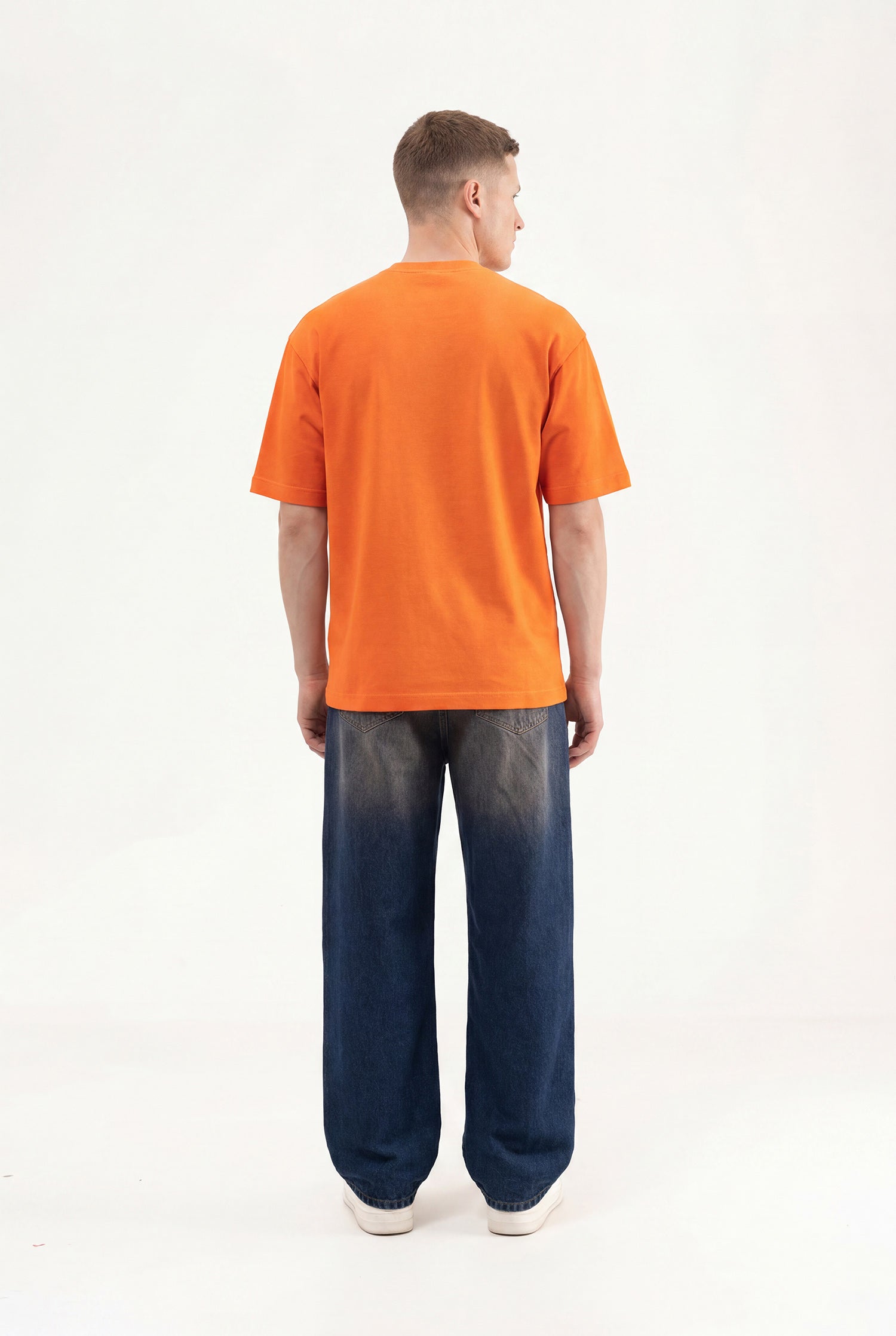 Erkek Printed Pocket Oversize Tişört Turuncu-5