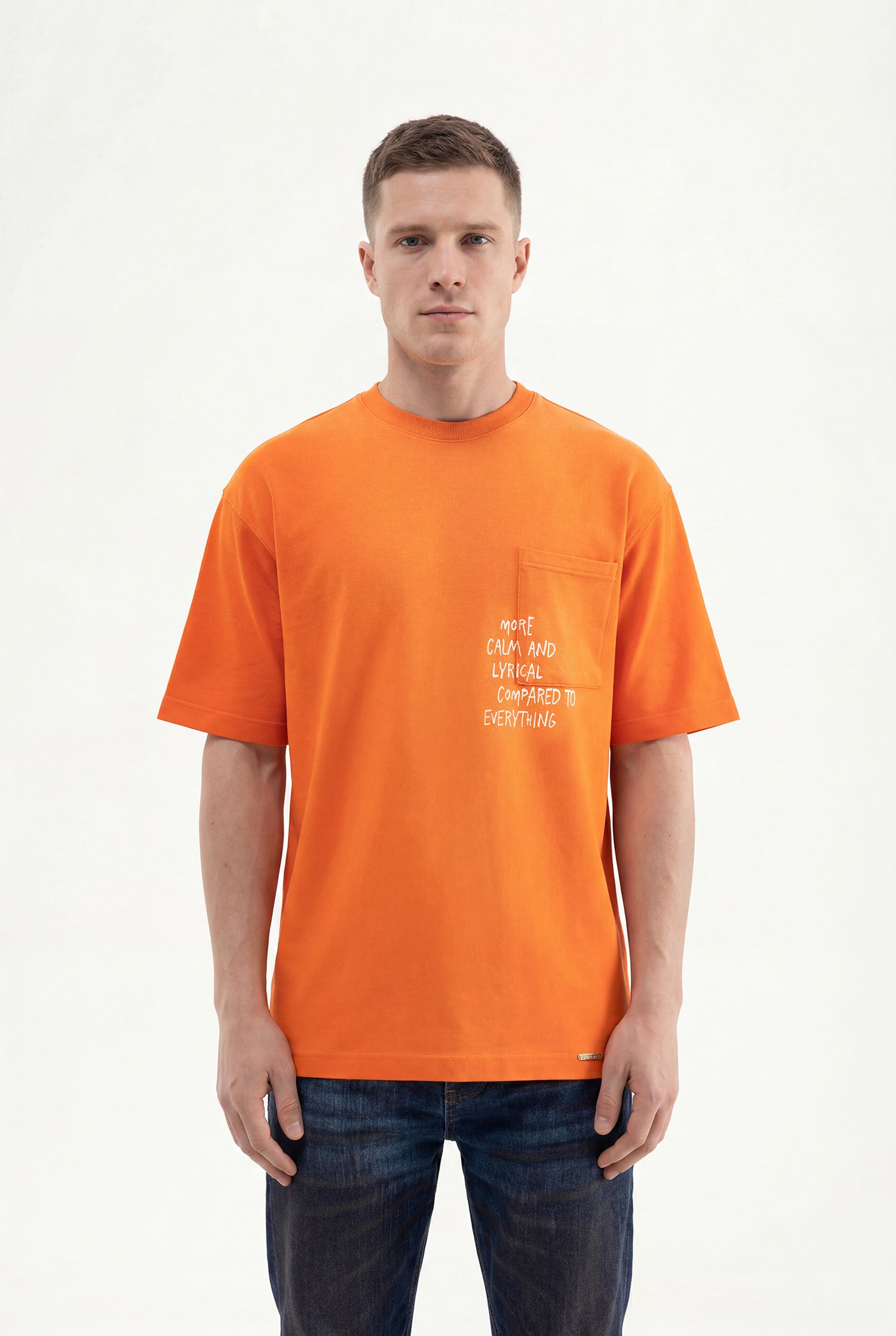 Erkek Printed Pocket Oversize Tişört Turuncu