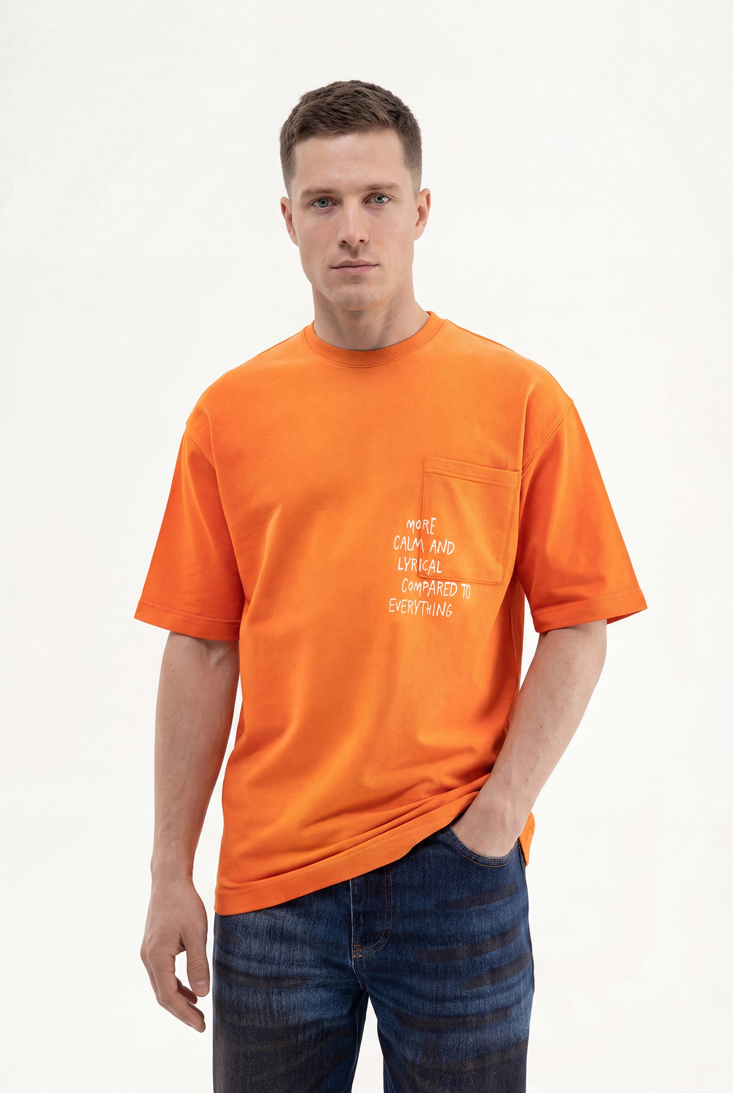 Erkek Printed Pocket Oversize Tişört Turuncu