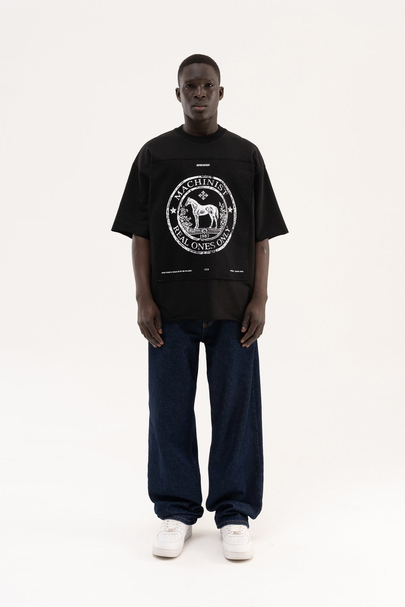 Erkek Printed Wide Patch Oversize Tişört Siyah