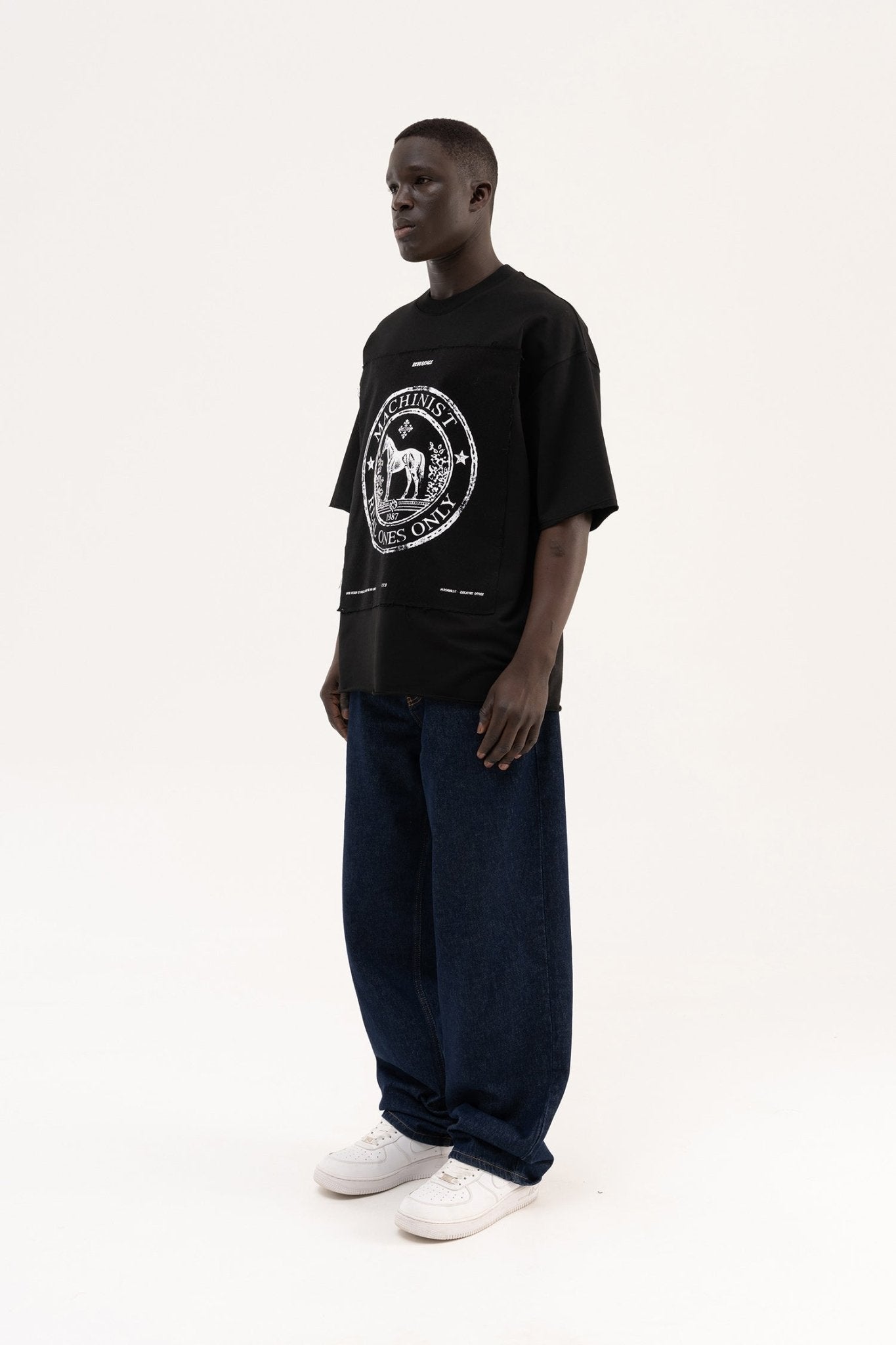 Erkek Printed Wide Patch Oversize Tişört Siyah