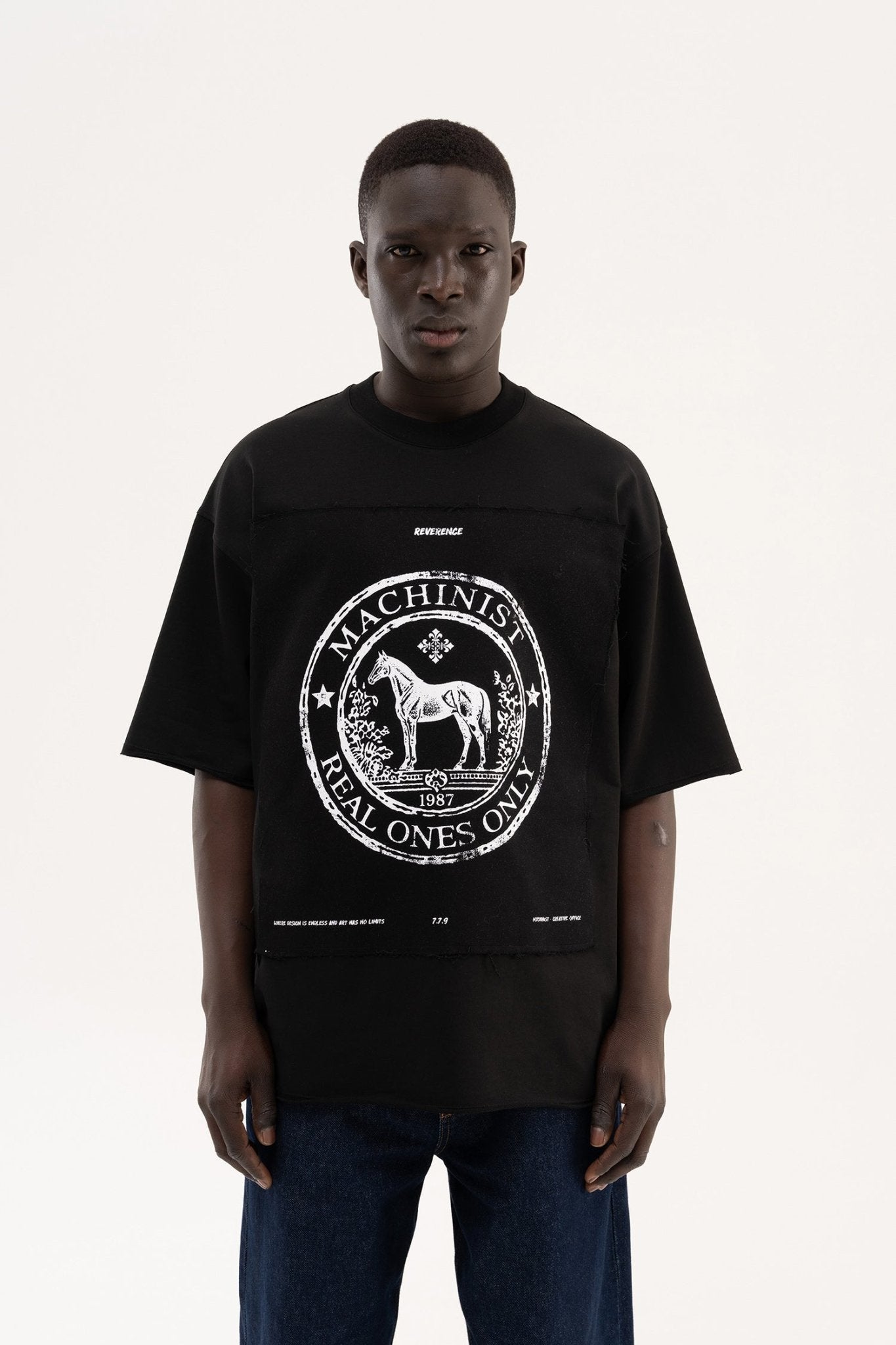 Erkek Printed Wide Patch Oversize Tişört Siyah