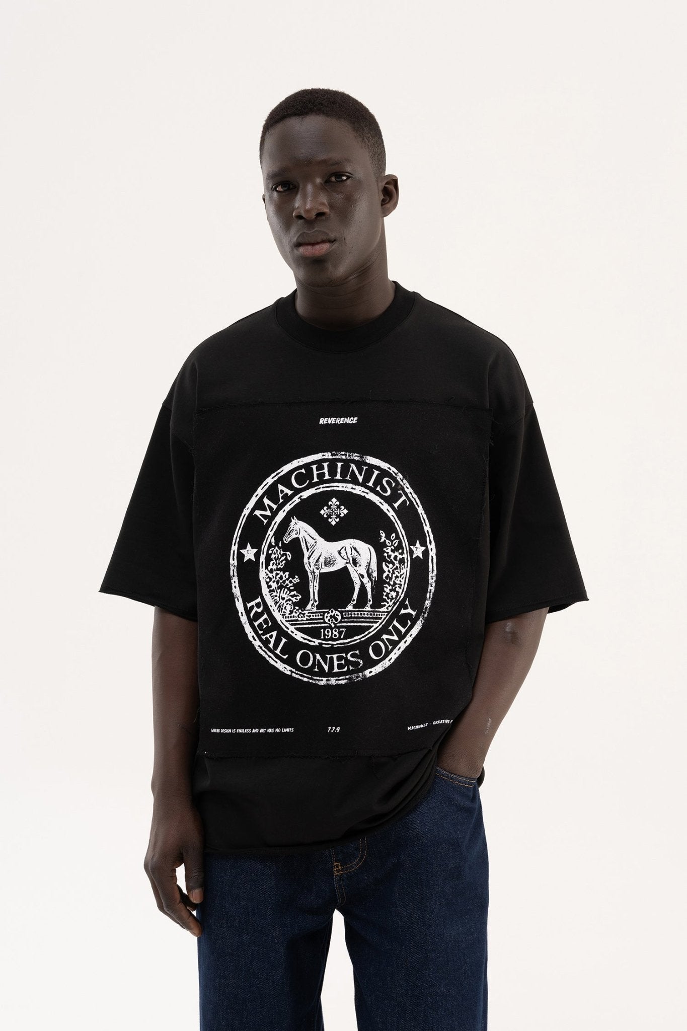 Erkek Printed Wide Patch Oversize Tişört Siyah