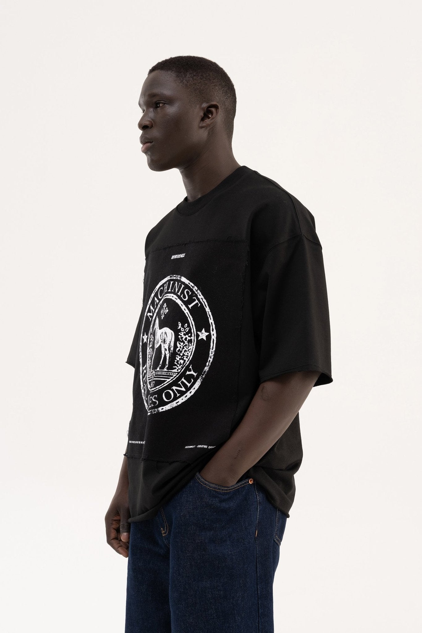 Erkek Printed Wide Patch Oversize Tişört Siyah