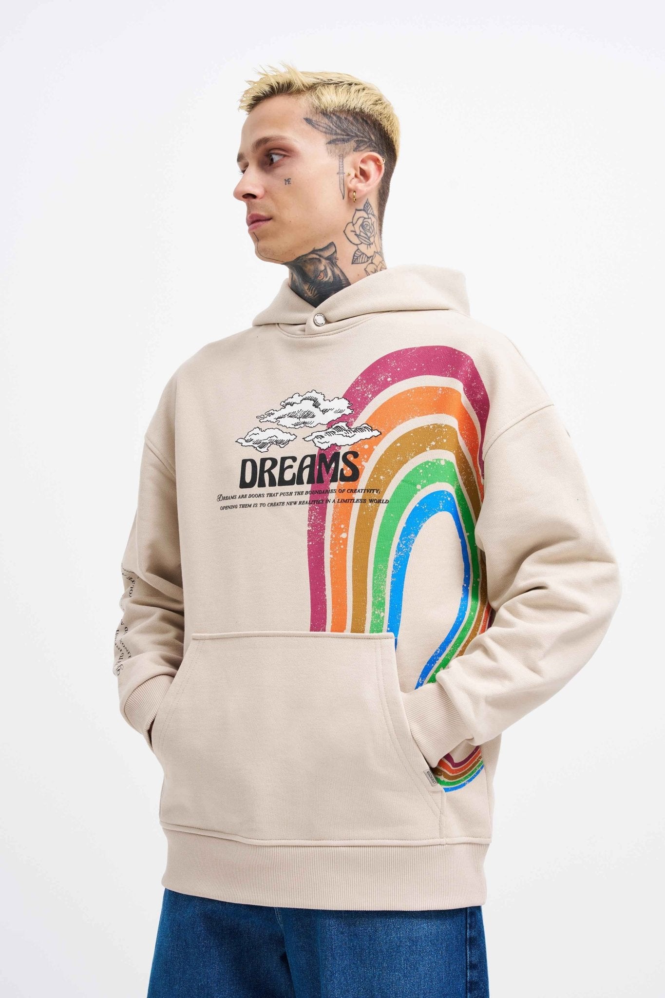 Erkek Rainbow Printed Kapüşonlu Sweatshirt Açık Bej
