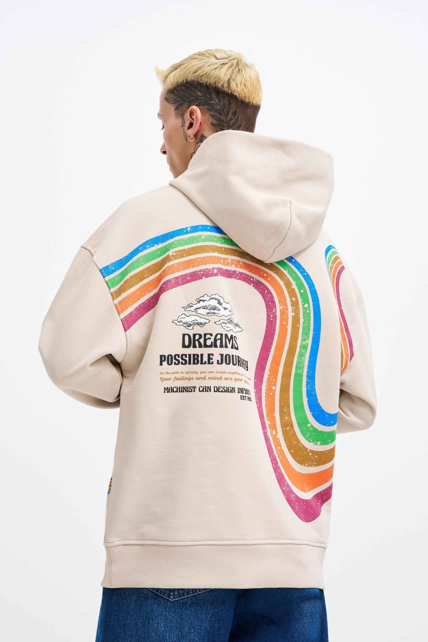 Erkek Rainbow Printed Kapüşonlu Sweatshirt Açık Bej