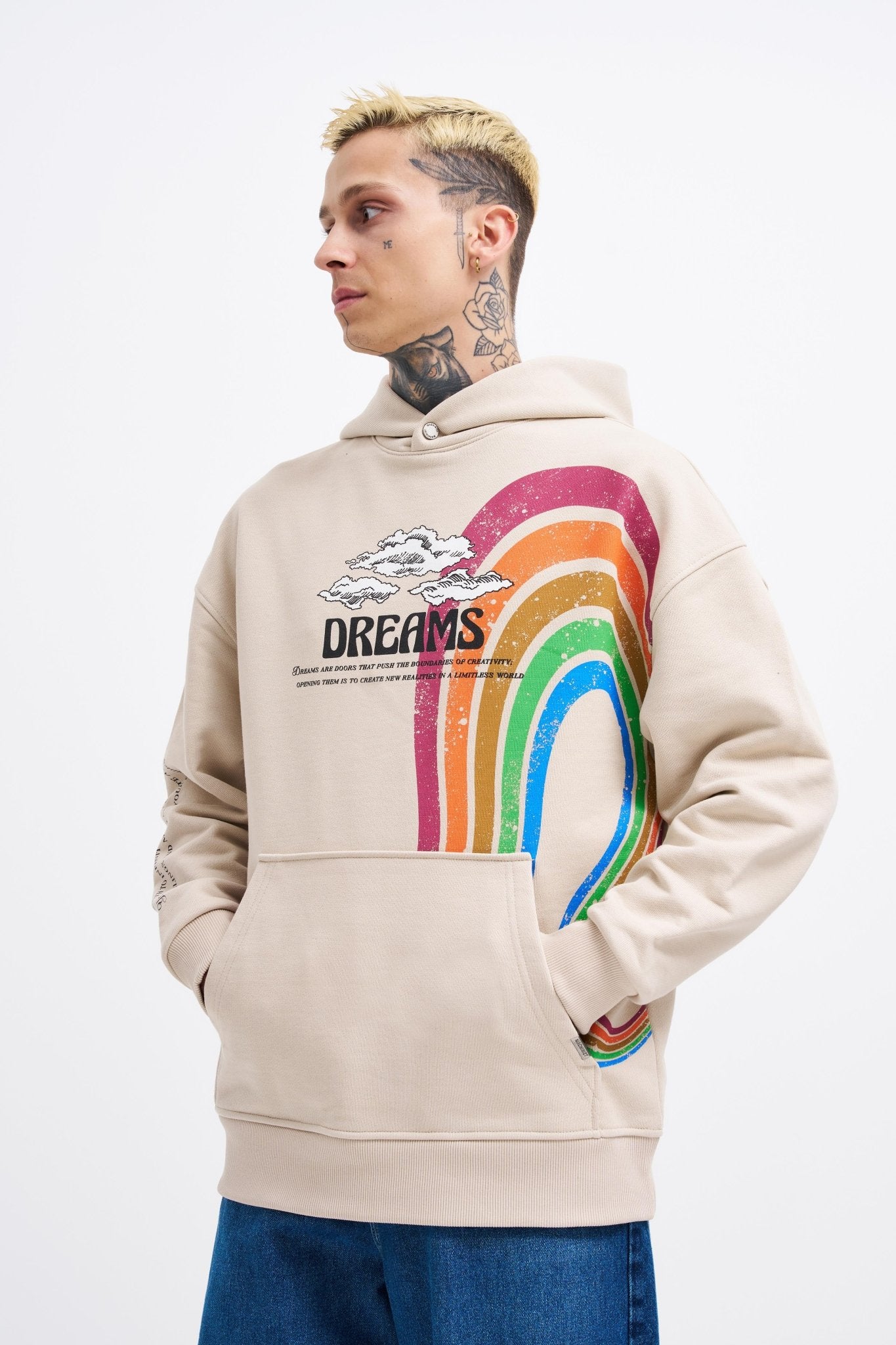 Erkek Rainbow Printed Kapüşonlu Sweatshirt Açık Bej