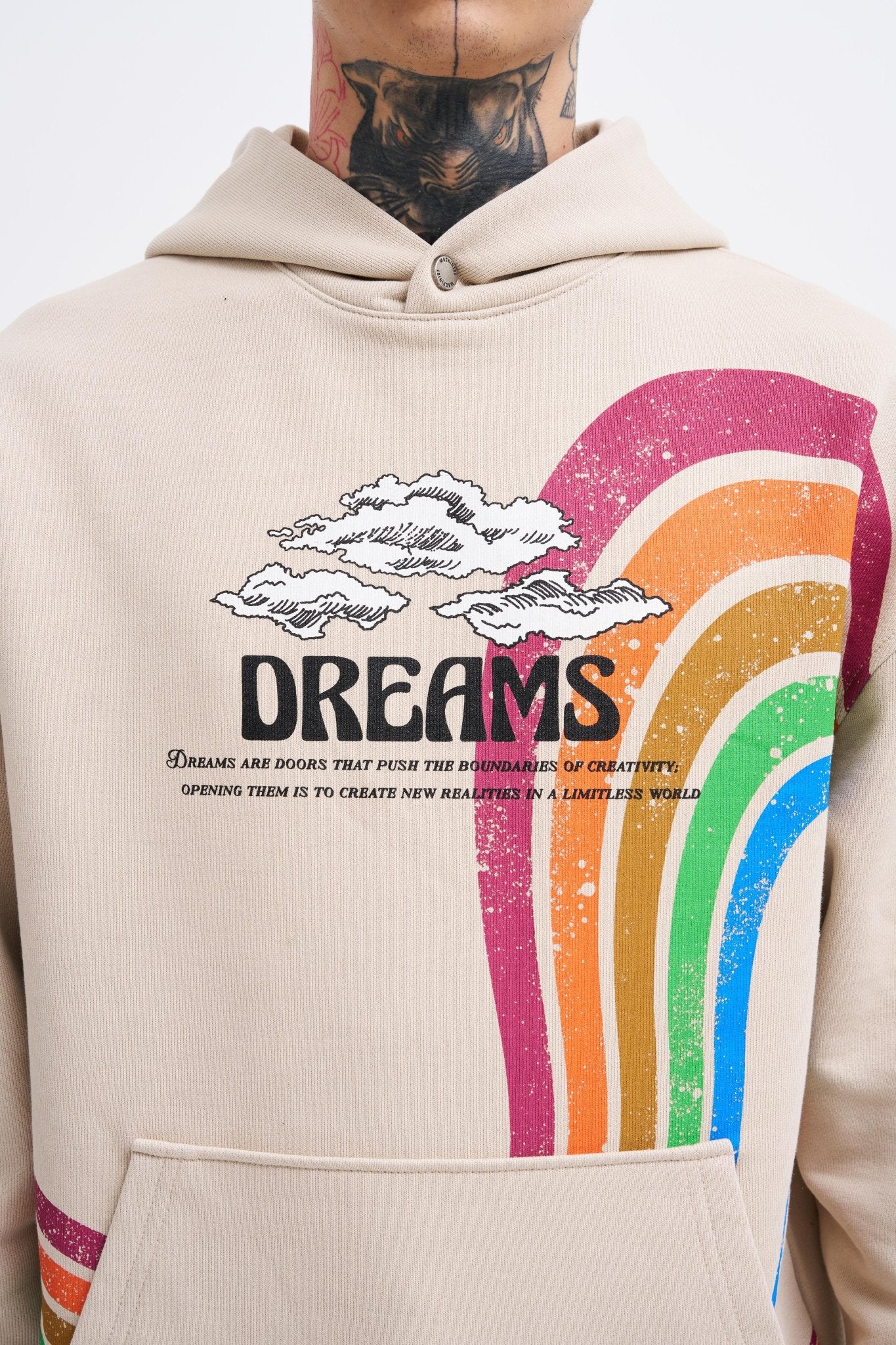 Erkek Rainbow Printed Kapüşonlu Sweatshirt Açık Bej