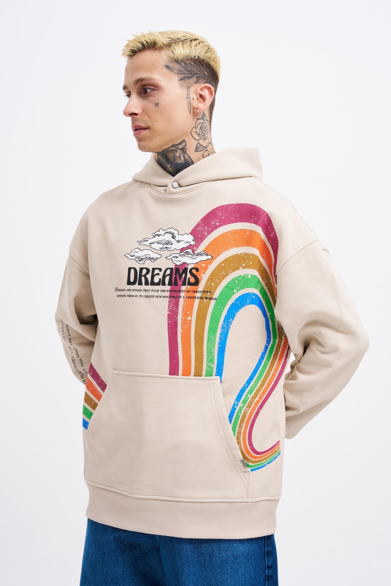 Erkek Rainbow Printed Kapüşonlu Sweatshirt Açık Bej