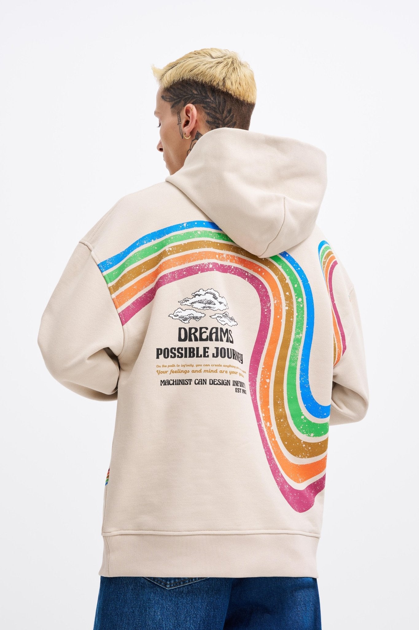 Erkek Rainbow Printed Kapüşonlu Sweatshirt Açık Bej