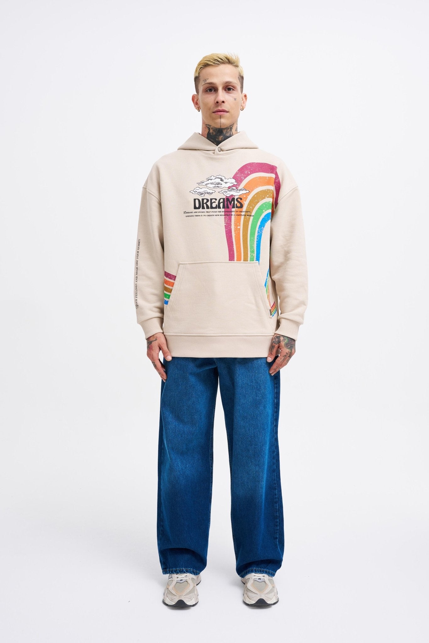 Erkek Rainbow Printed Kapüşonlu Sweatshirt Açık Bej