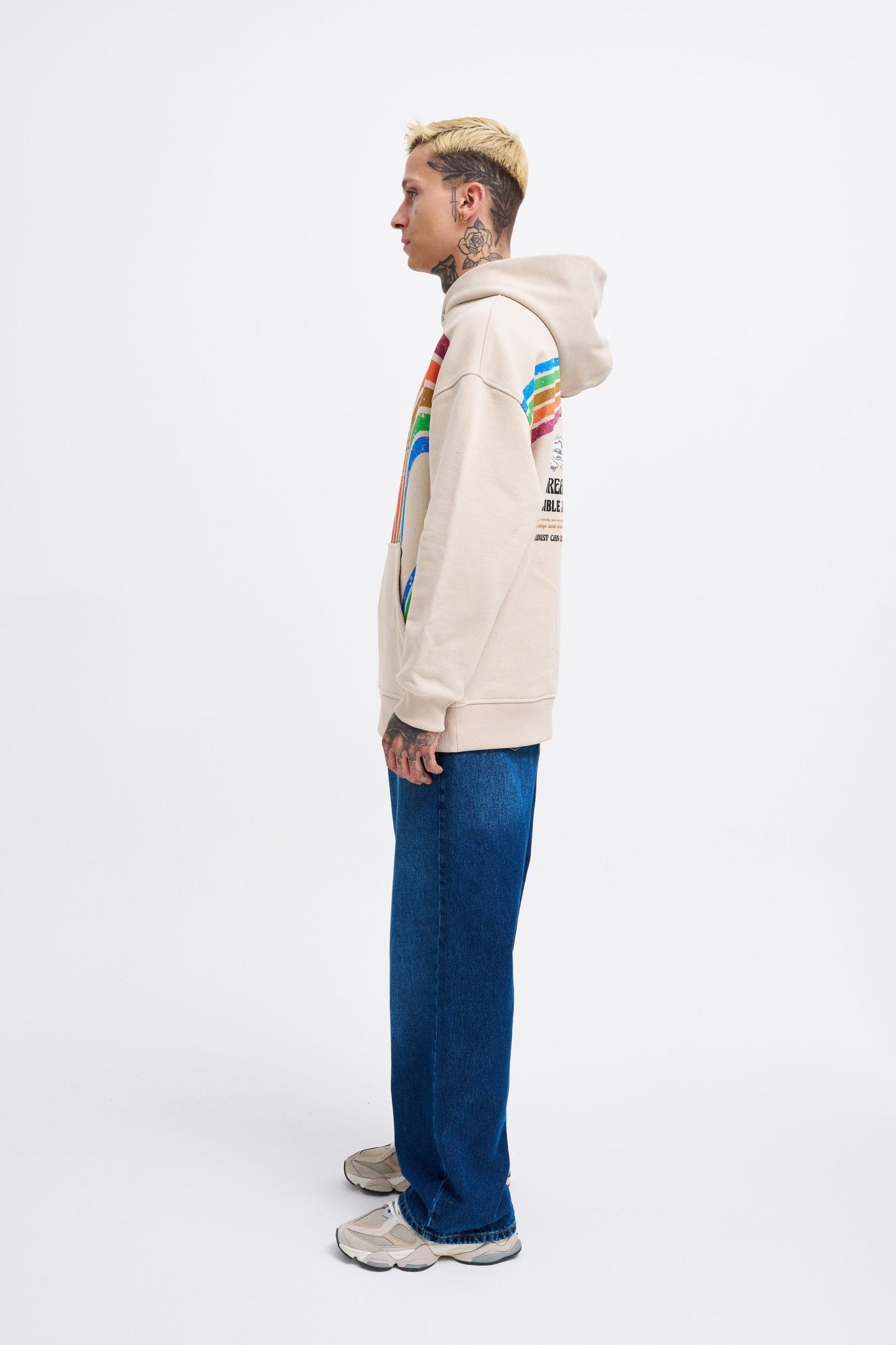Erkek Rainbow Printed Kapüşonlu Sweatshirt Açık Bej
