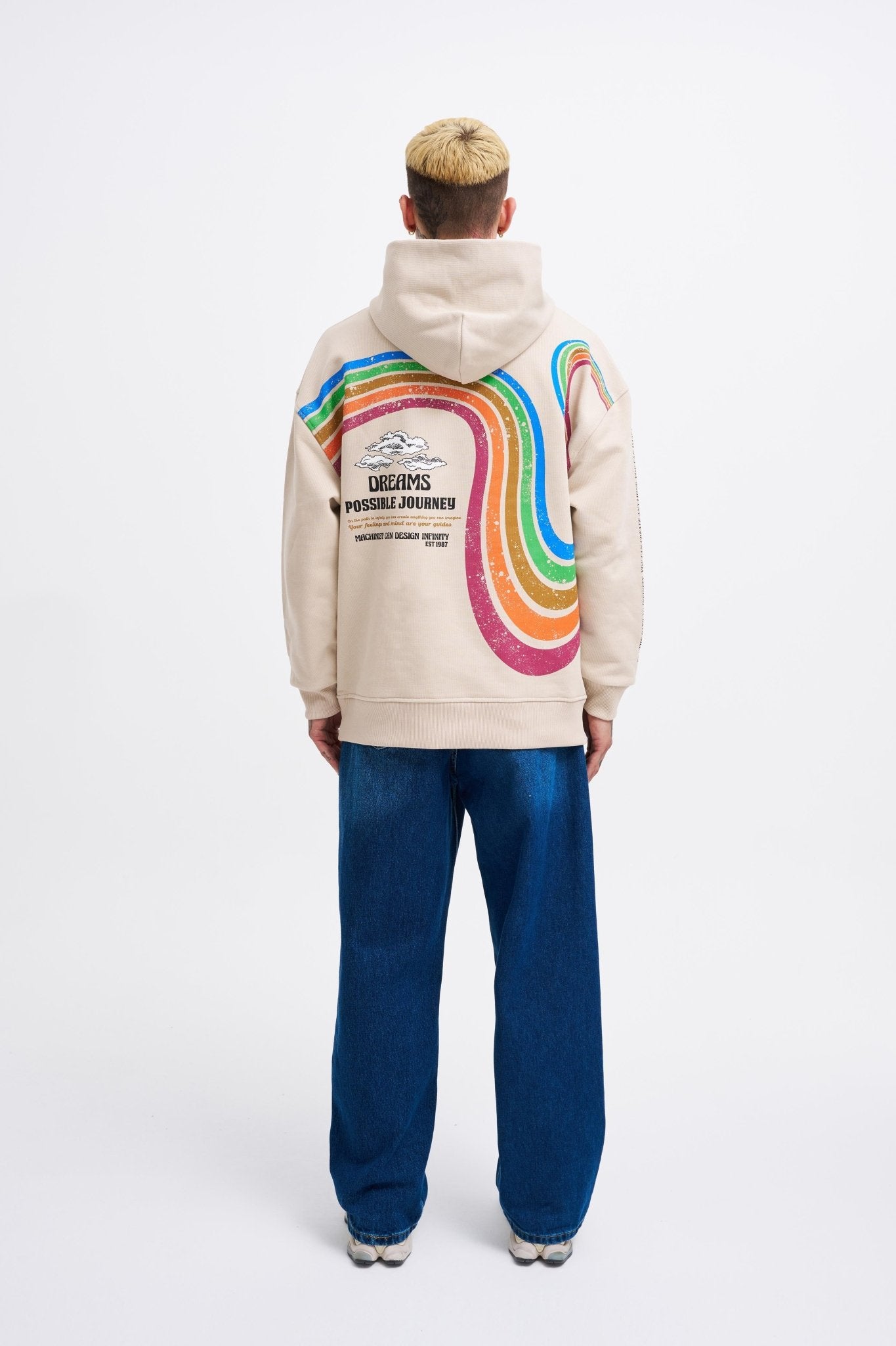 Erkek Rainbow Printed Kapüşonlu Sweatshirt Açık Bej