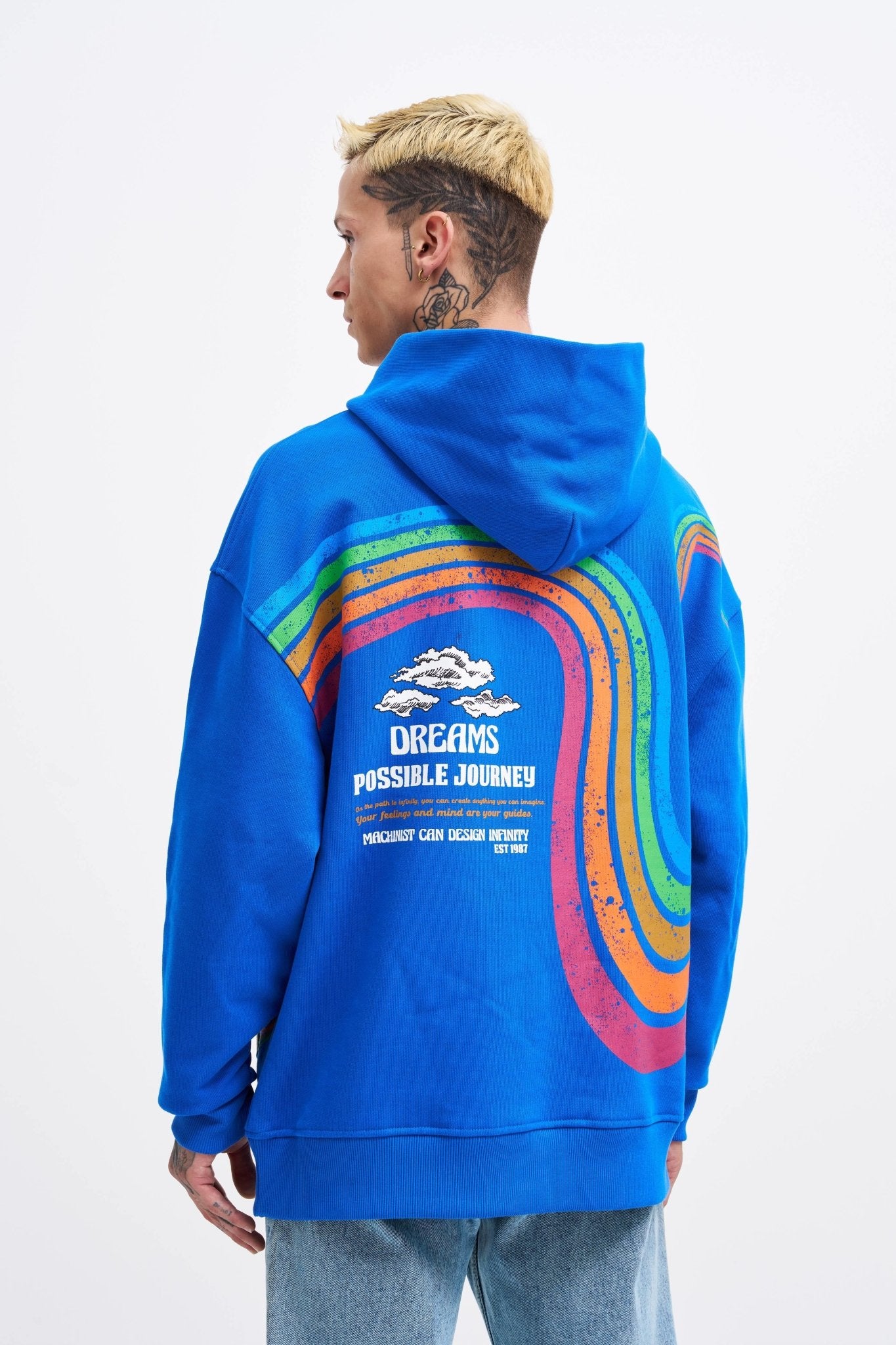 Erkek Rainbow Printed Kapüşonlu Sweatshirt Açık Mavi