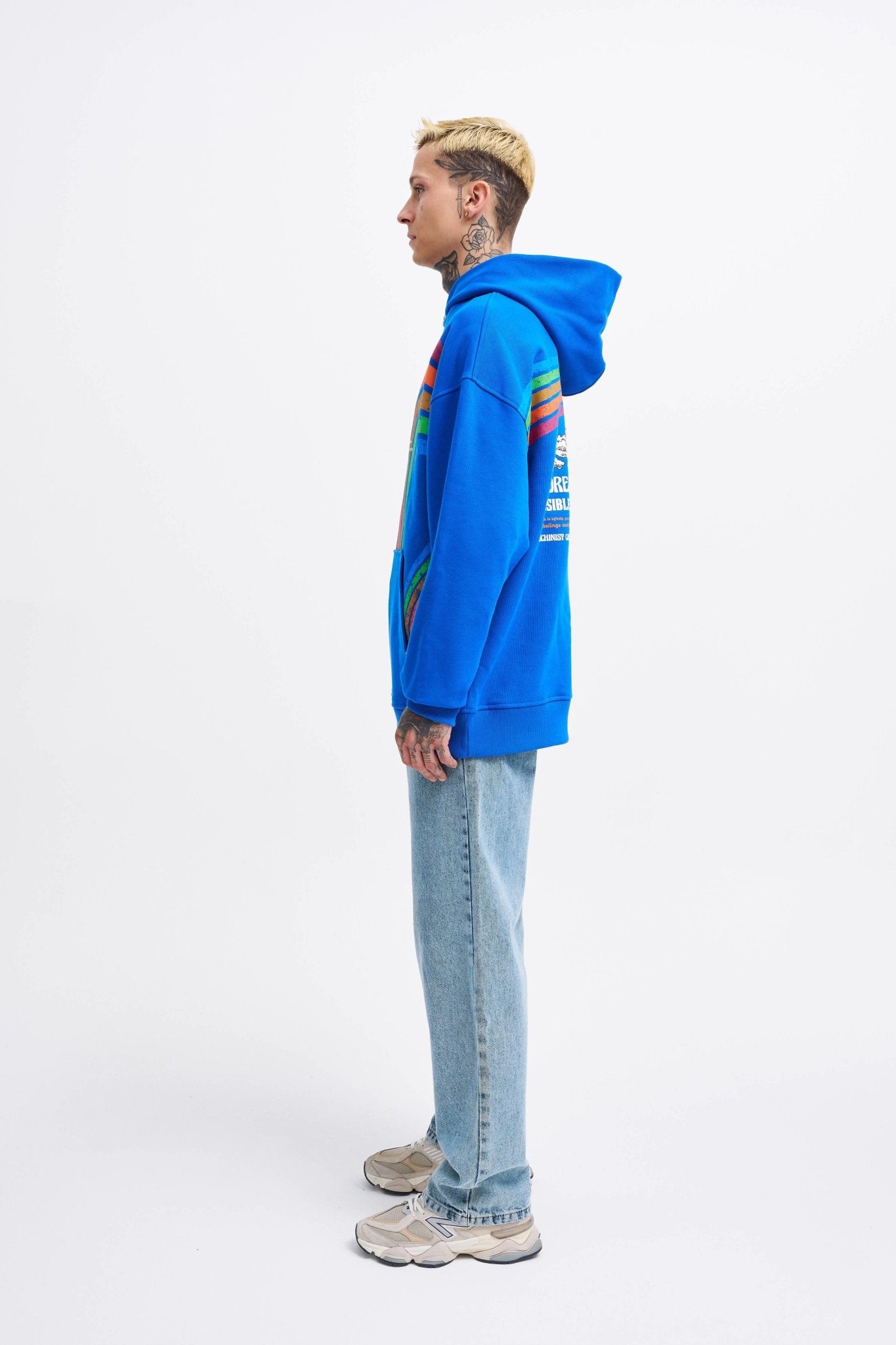 Erkek Rainbow Printed Kapüşonlu Sweatshirt Açık Mavi