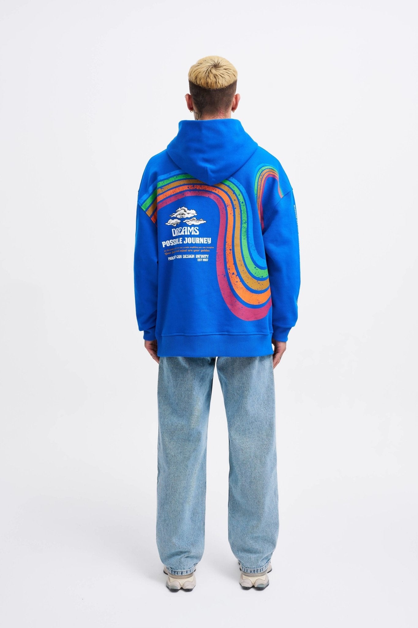 Erkek Rainbow Printed Kapüşonlu Sweatshirt Açık Mavi