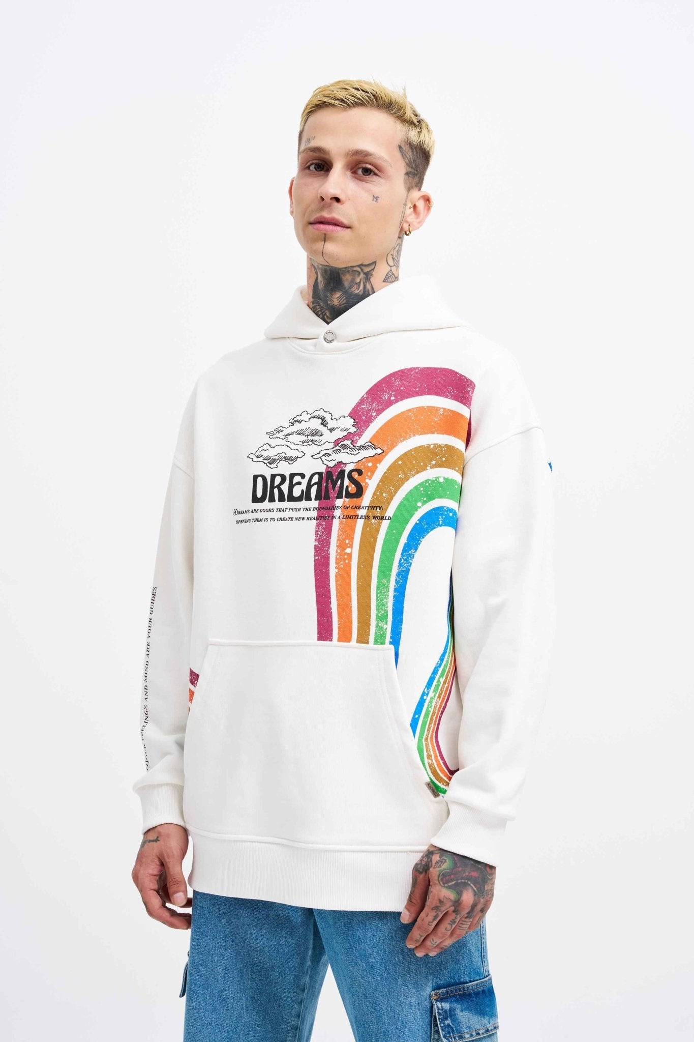 Erkek Rainbow Printed Kapüşonlu Sweatshirt Ekru
