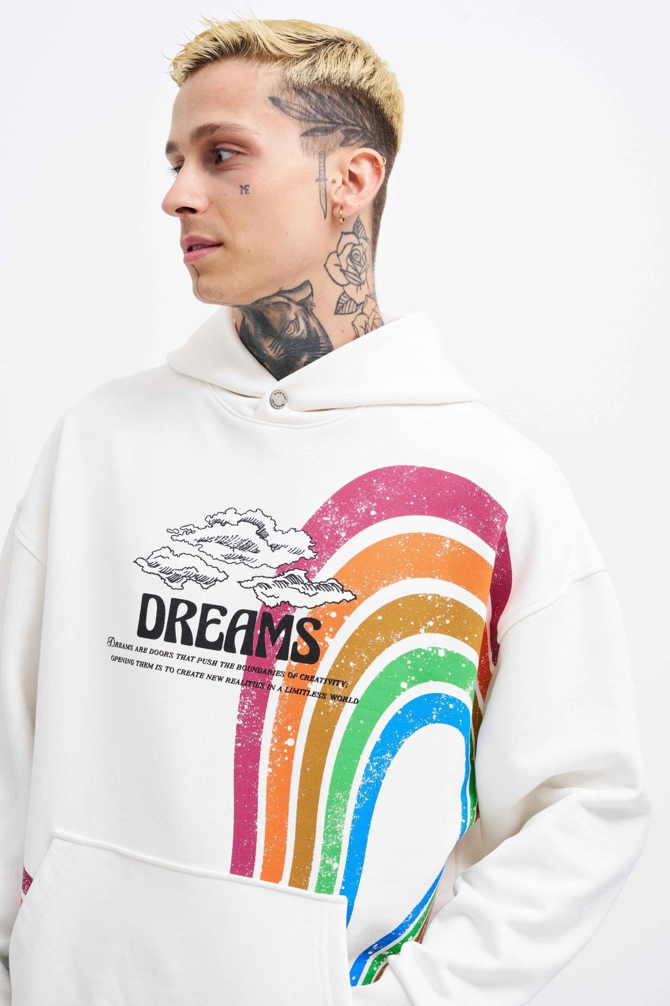 Erkek Rainbow Printed Kapüşonlu Sweatshirt Ekru