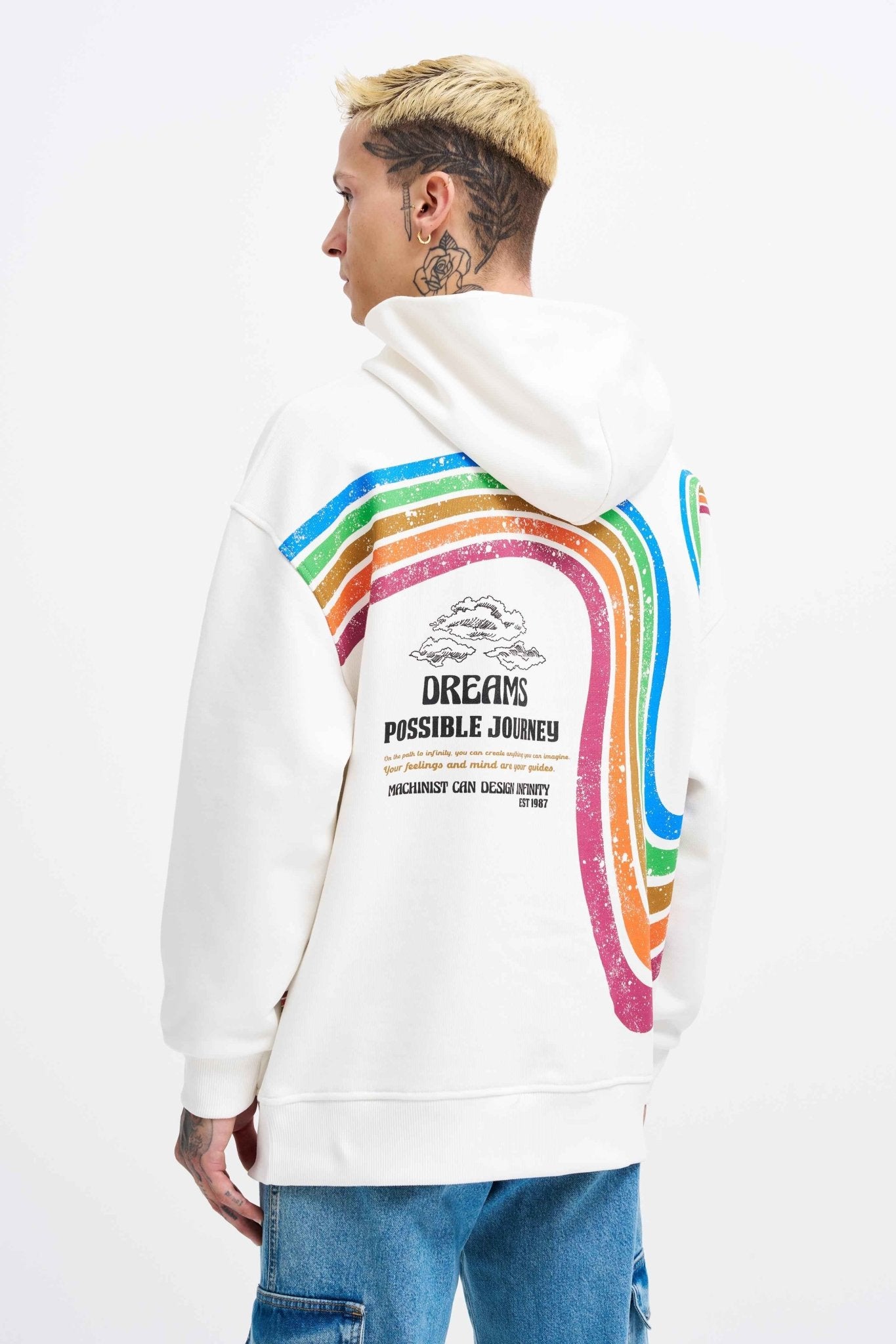 Erkek Rainbow Printed Kapüşonlu Sweatshirt Ekru