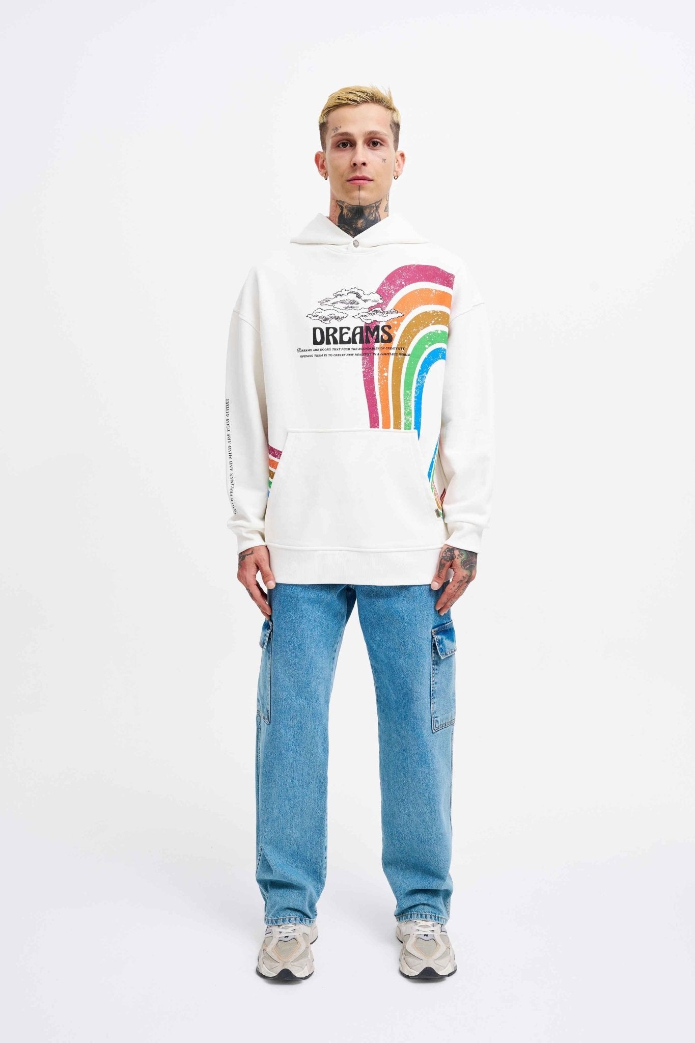 Erkek Rainbow Printed Kapüşonlu Sweatshirt Ekru