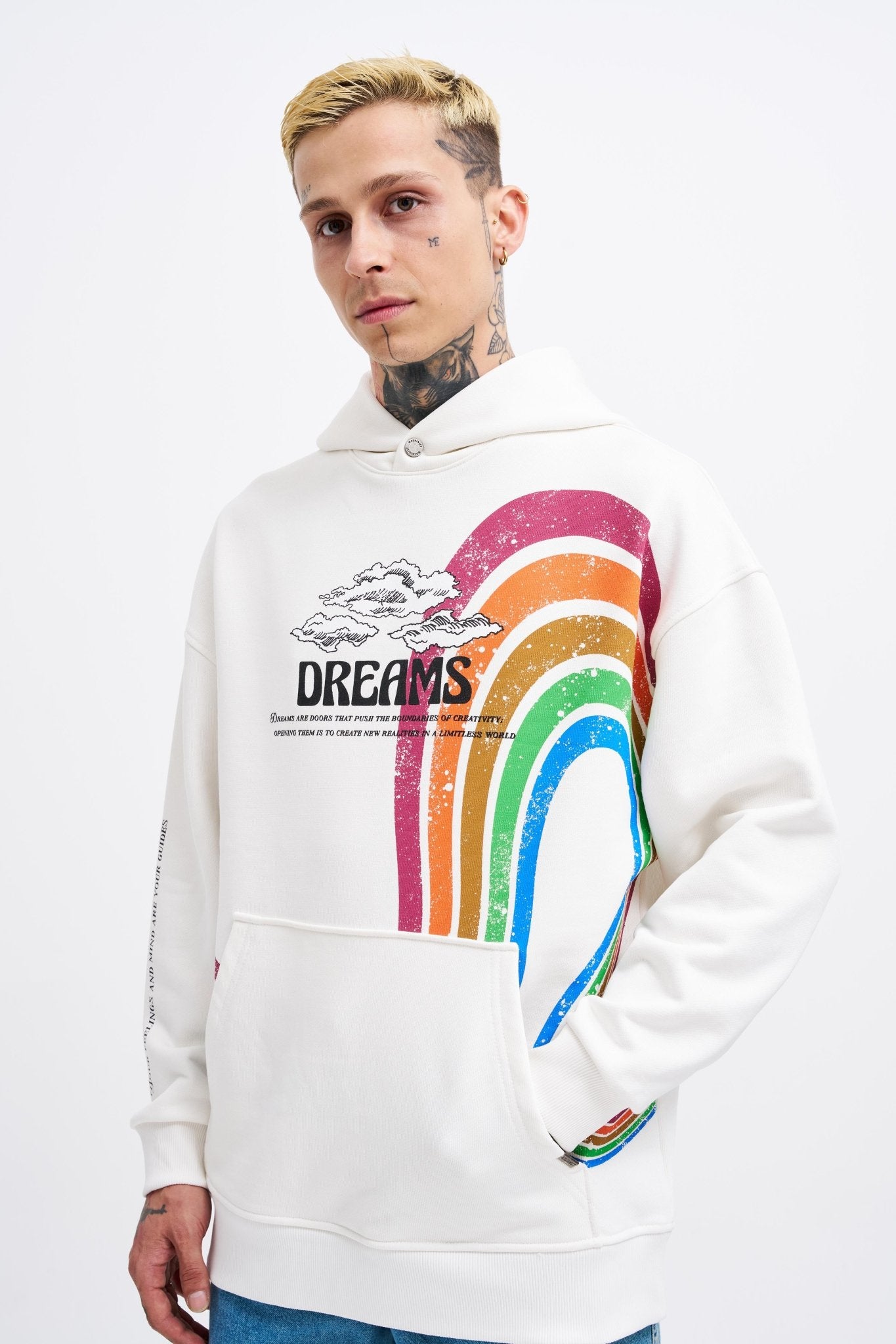 Erkek Rainbow Printed Kapüşonlu Sweatshirt Ekru