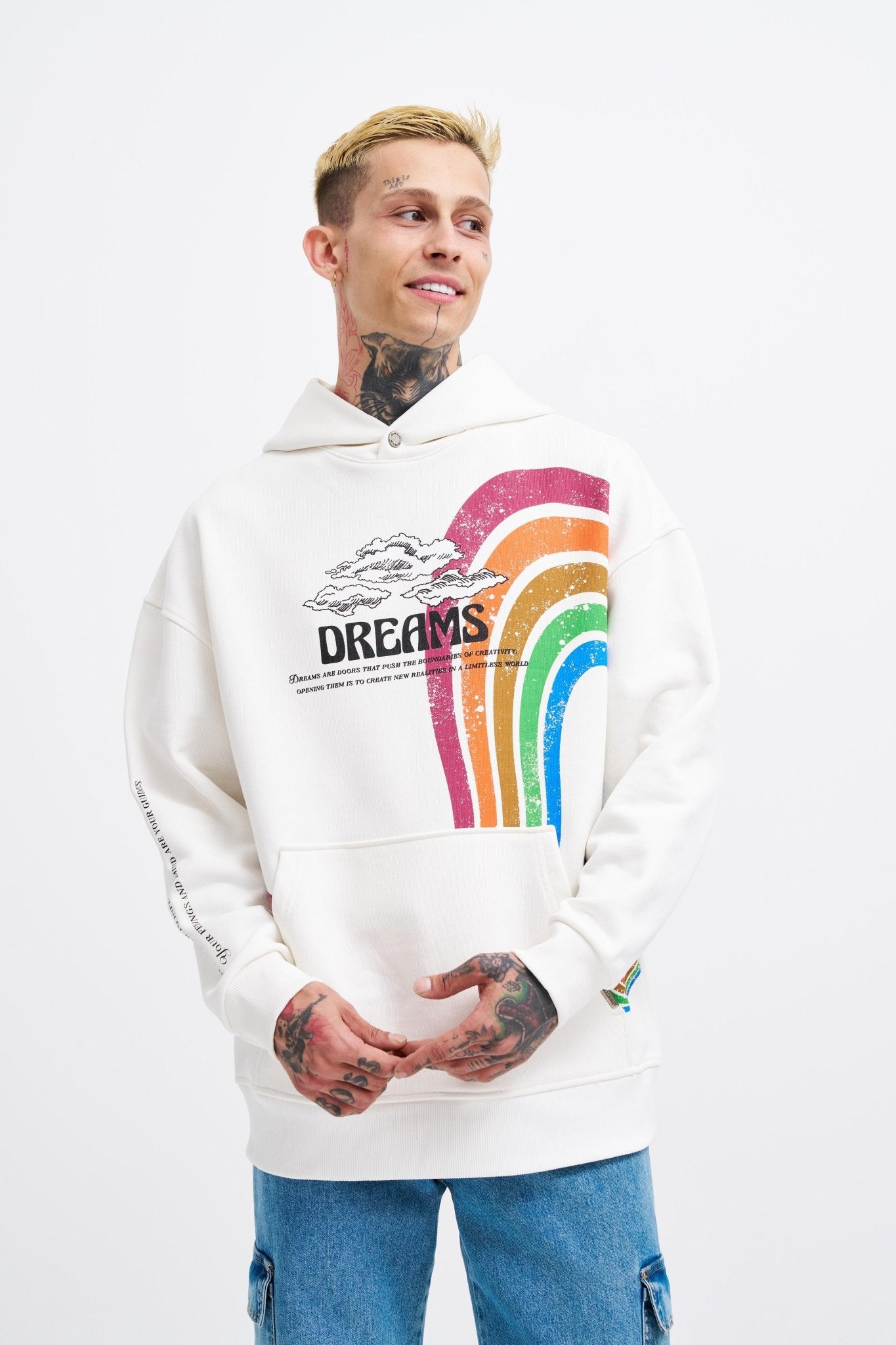 Erkek Rainbow Printed Kapüşonlu Sweatshirt Ekru