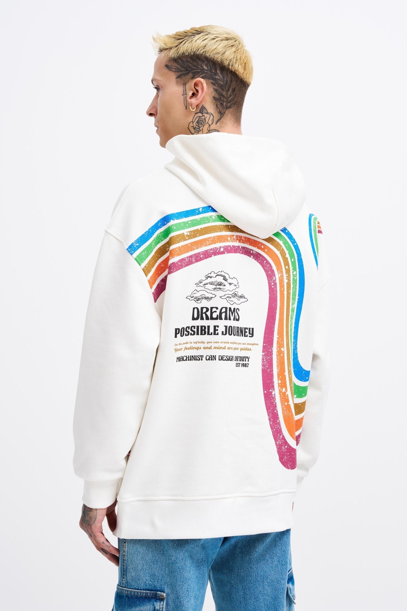 Erkek Rainbow Printed Kapüşonlu Sweatshirt Ekru