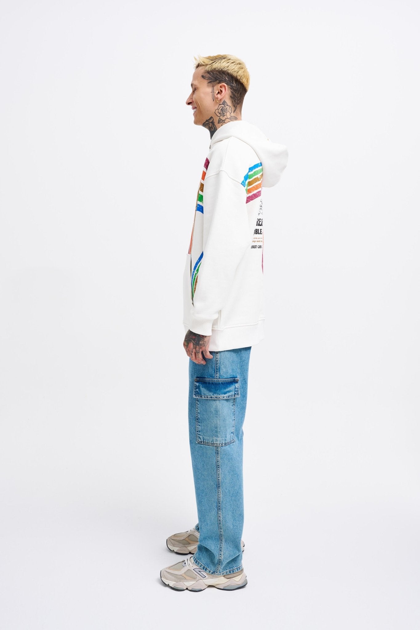 Erkek Rainbow Printed Kapüşonlu Sweatshirt Ekru