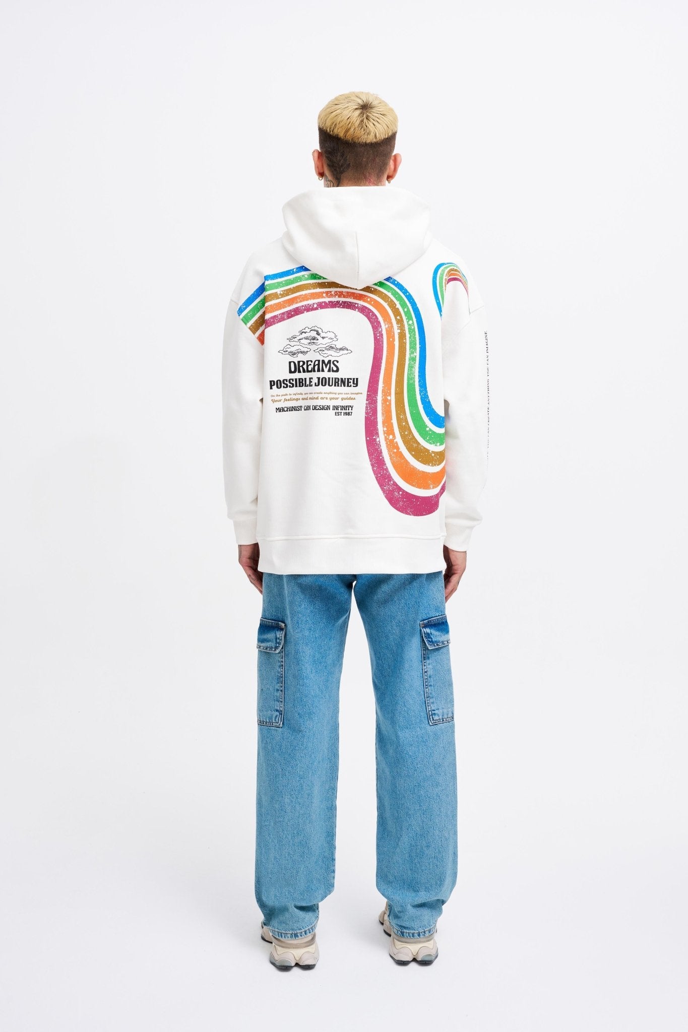 Erkek Rainbow Printed Kapüşonlu Sweatshirt Ekru