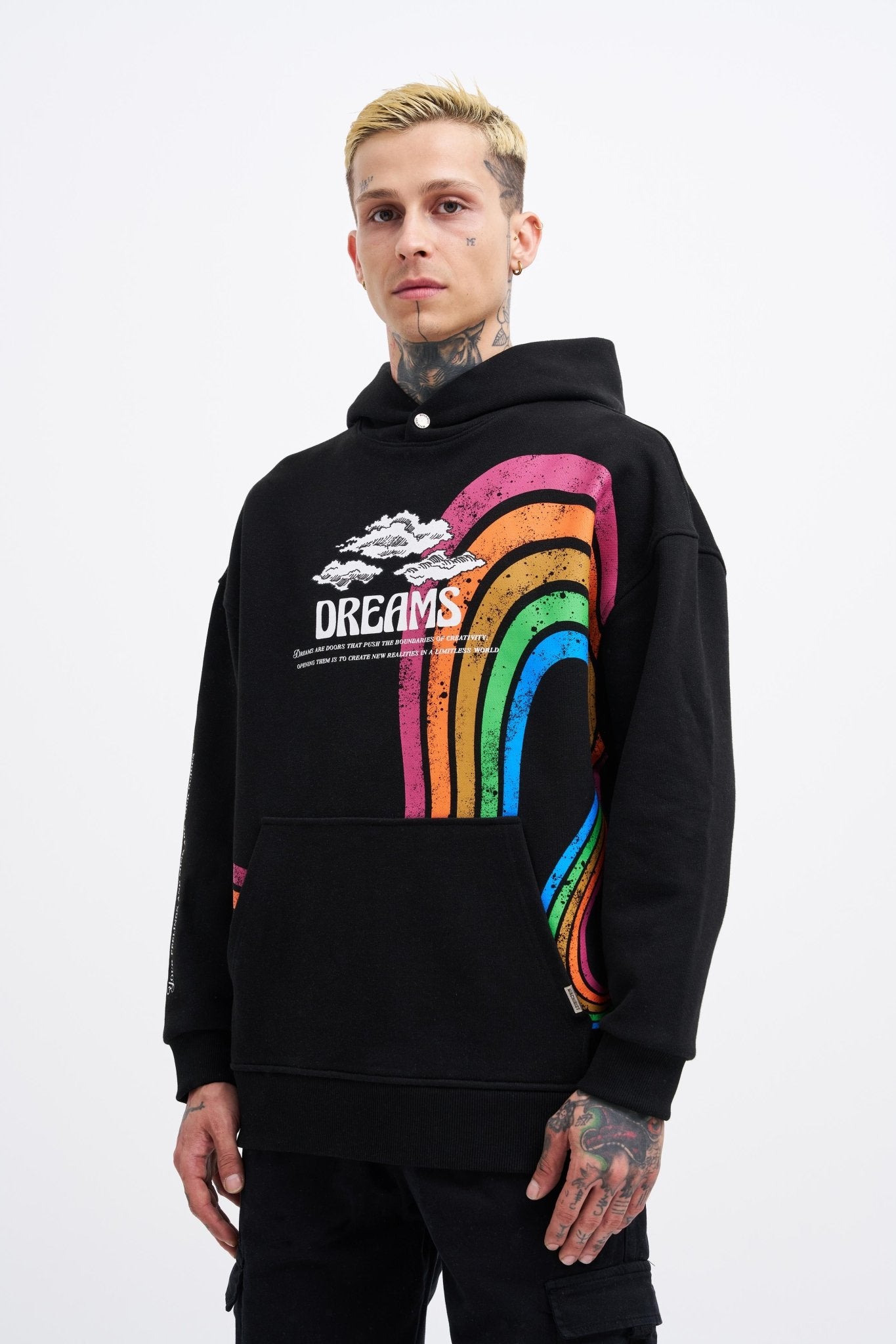 Erkek Rainbow Printed Kapüşonlu Sweatshirt Siyah