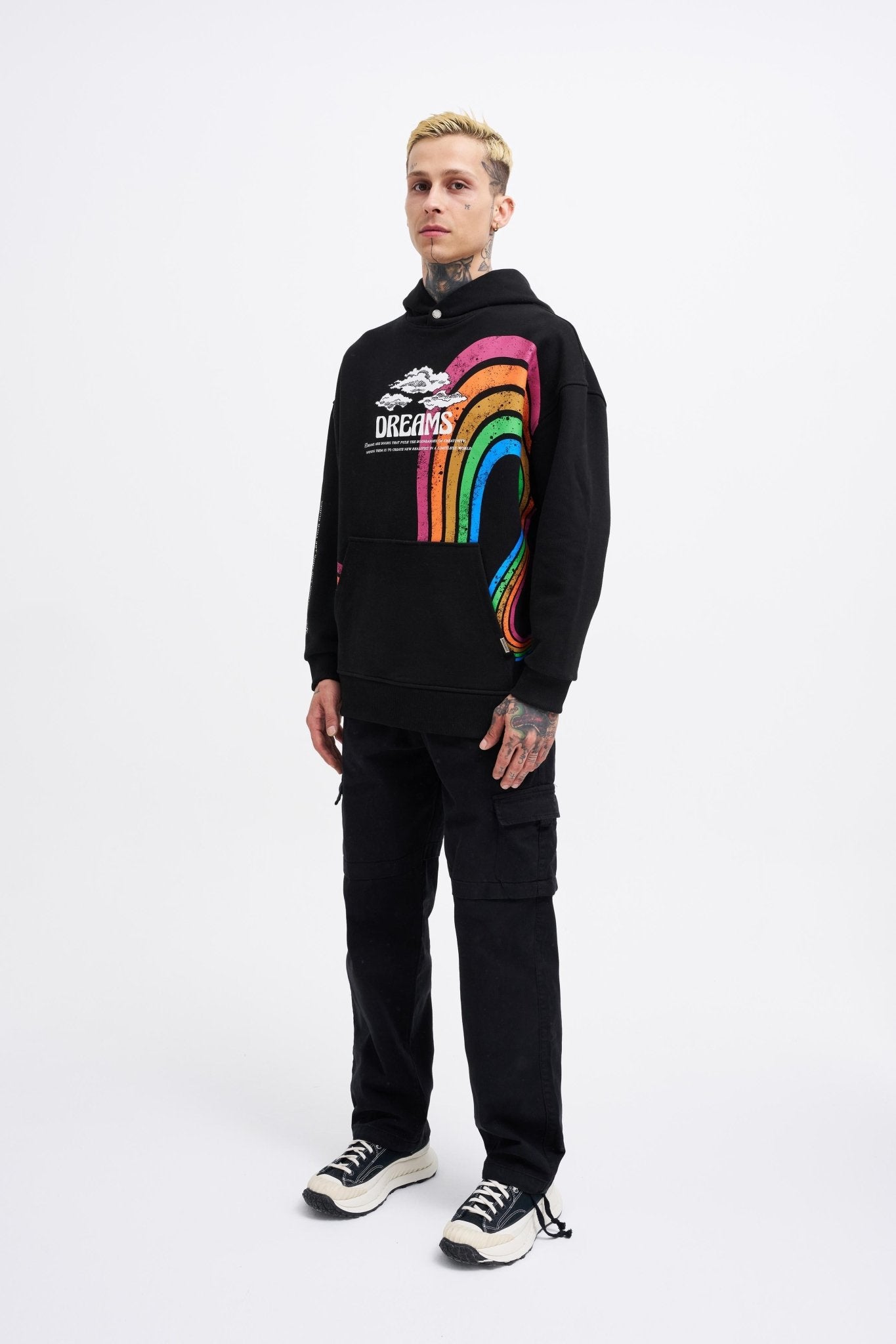 Erkek Rainbow Printed Kapüşonlu Sweatshirt Siyah