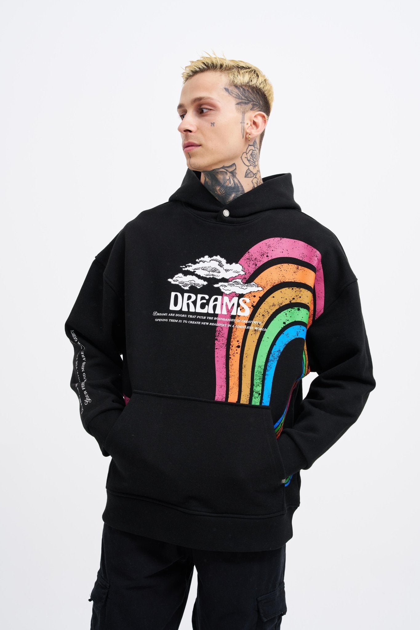 Erkek Rainbow Printed Kapüşonlu Sweatshirt Siyah